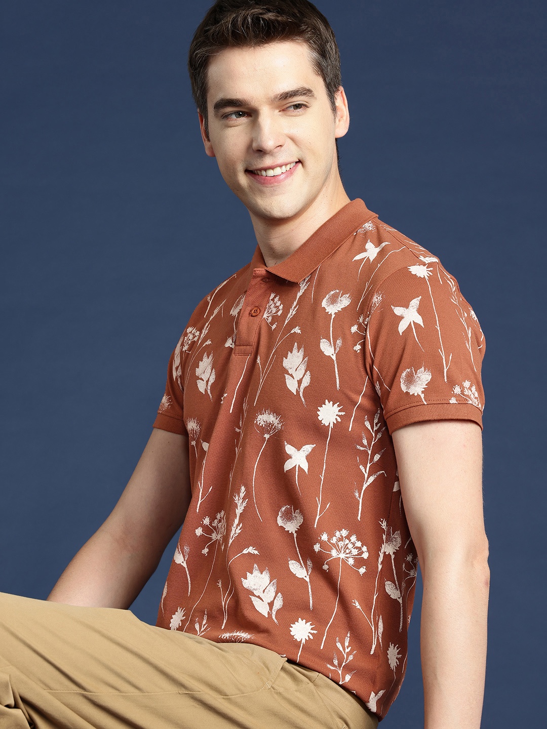 

Mast & Harbour Floral Printed Polo Collar T-shirt, Brown