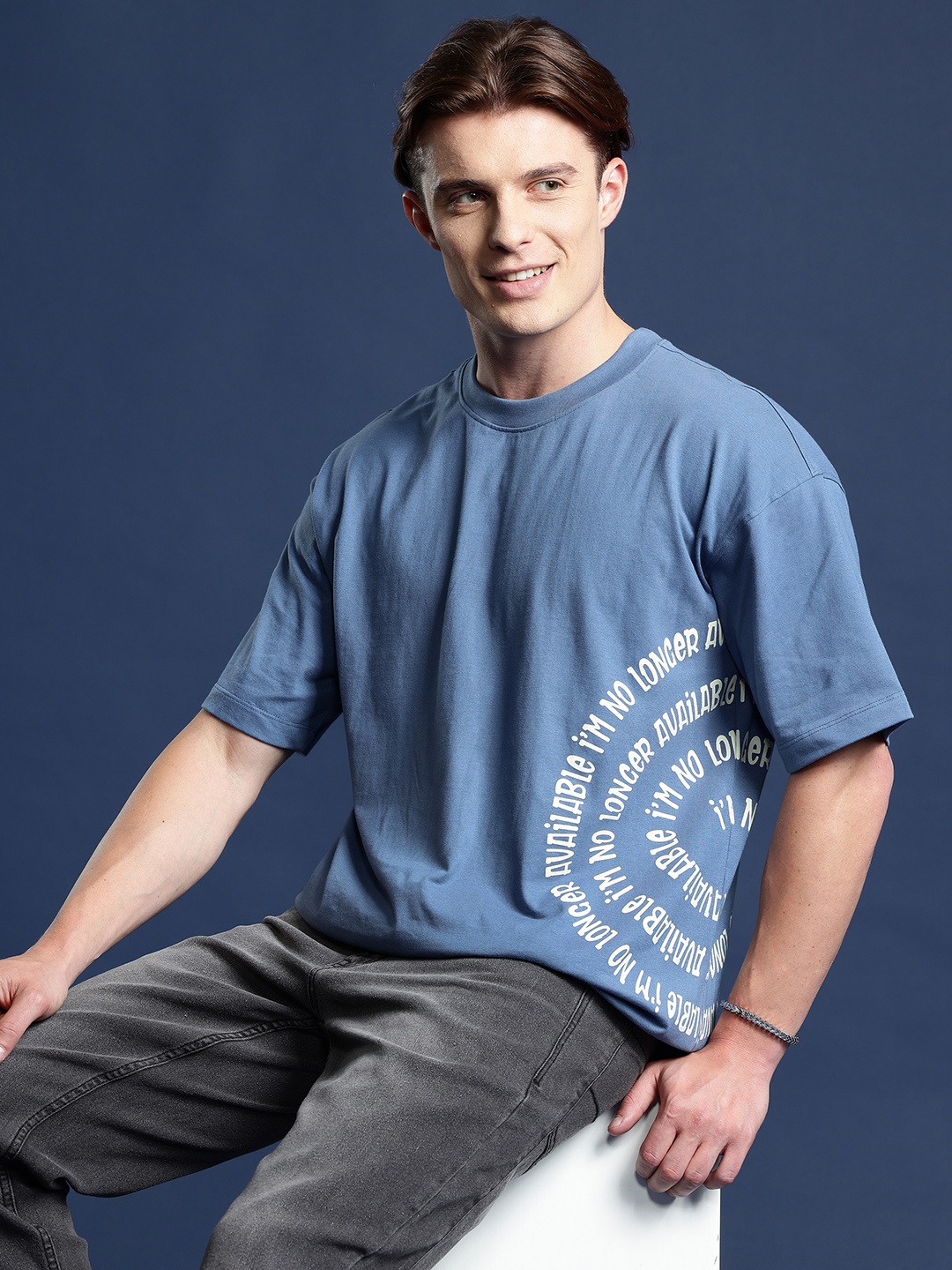 

Mast & Harbour Typography Printed Drop-Shoulder Oversize T-shirt, Blue
