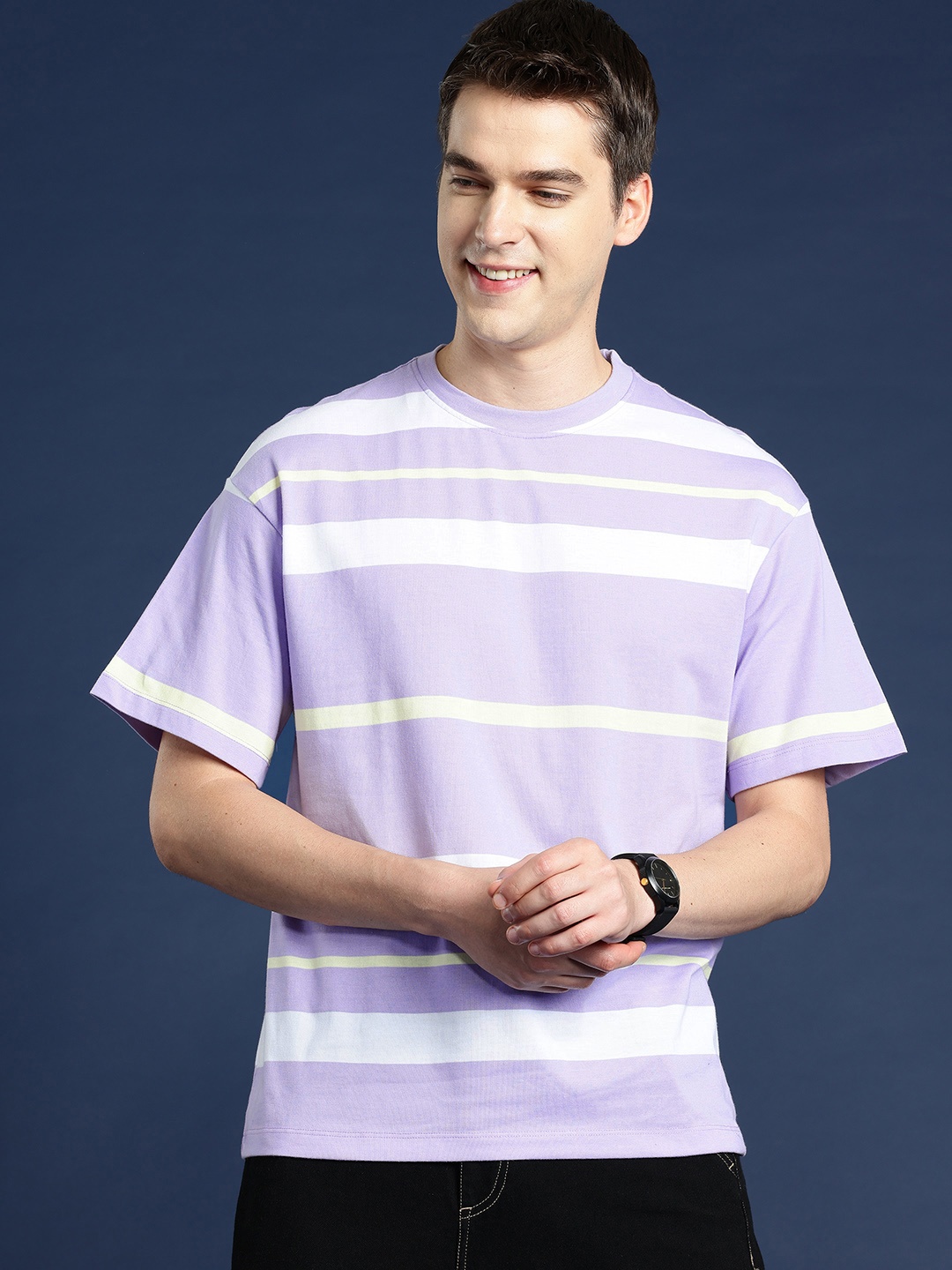 

Mast & Harbour Striped Drop-Shoulder Sleeves T-shirt, Lavender