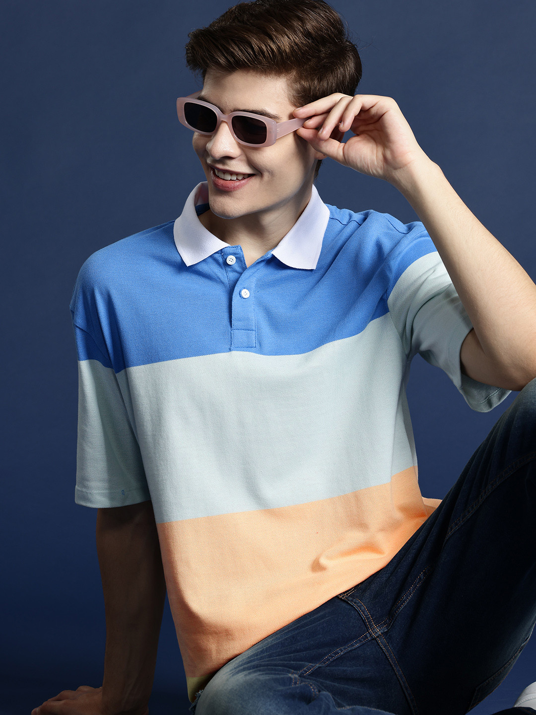 

Mast & Harbour Striped Polo Collar T-shirt, Blue