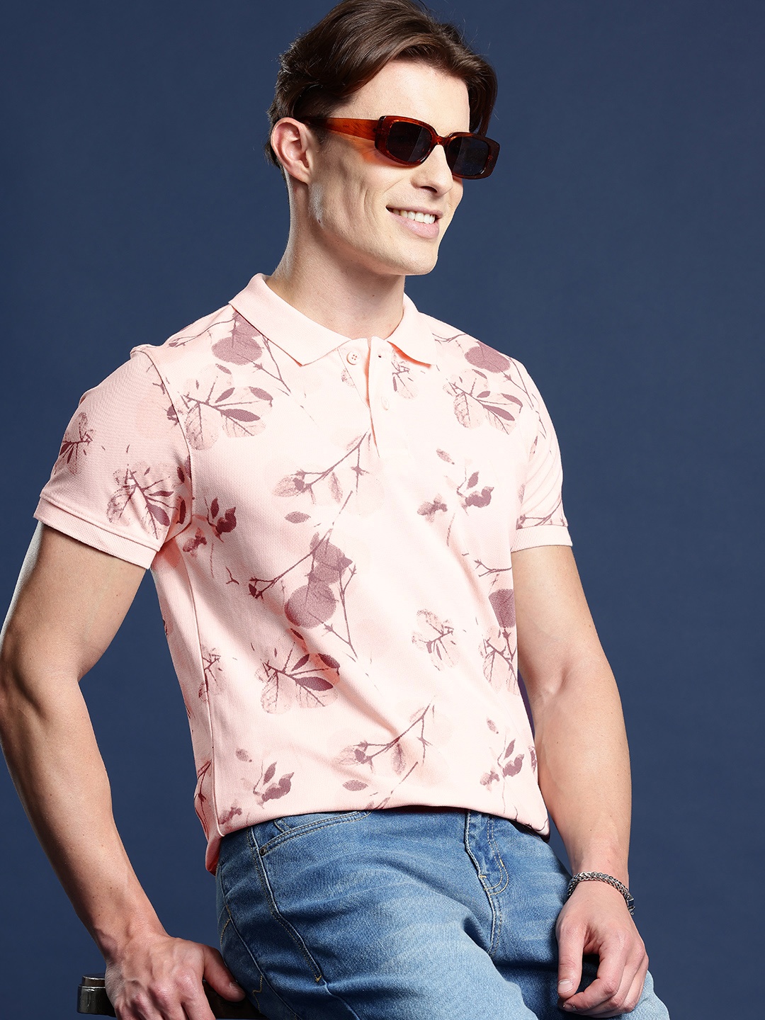 

Mast & Harbour Floral Printed Polo Collar T-shirt, Peach