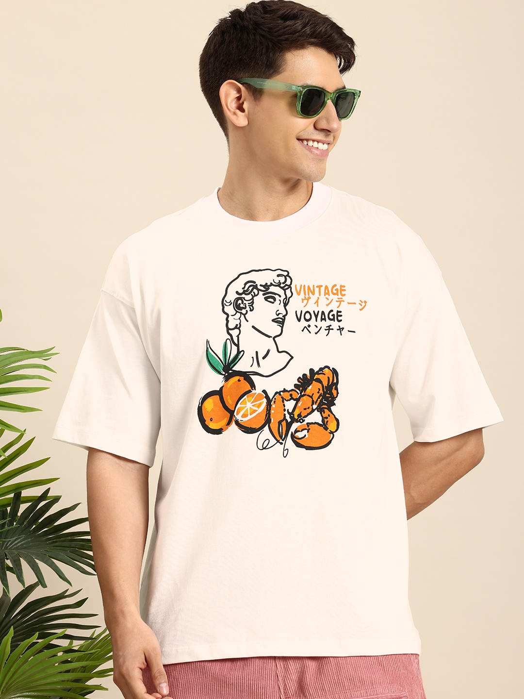 

Mast & Harbour Graphic Printed Drop-Shoulder Sleeves T-shirt, White
