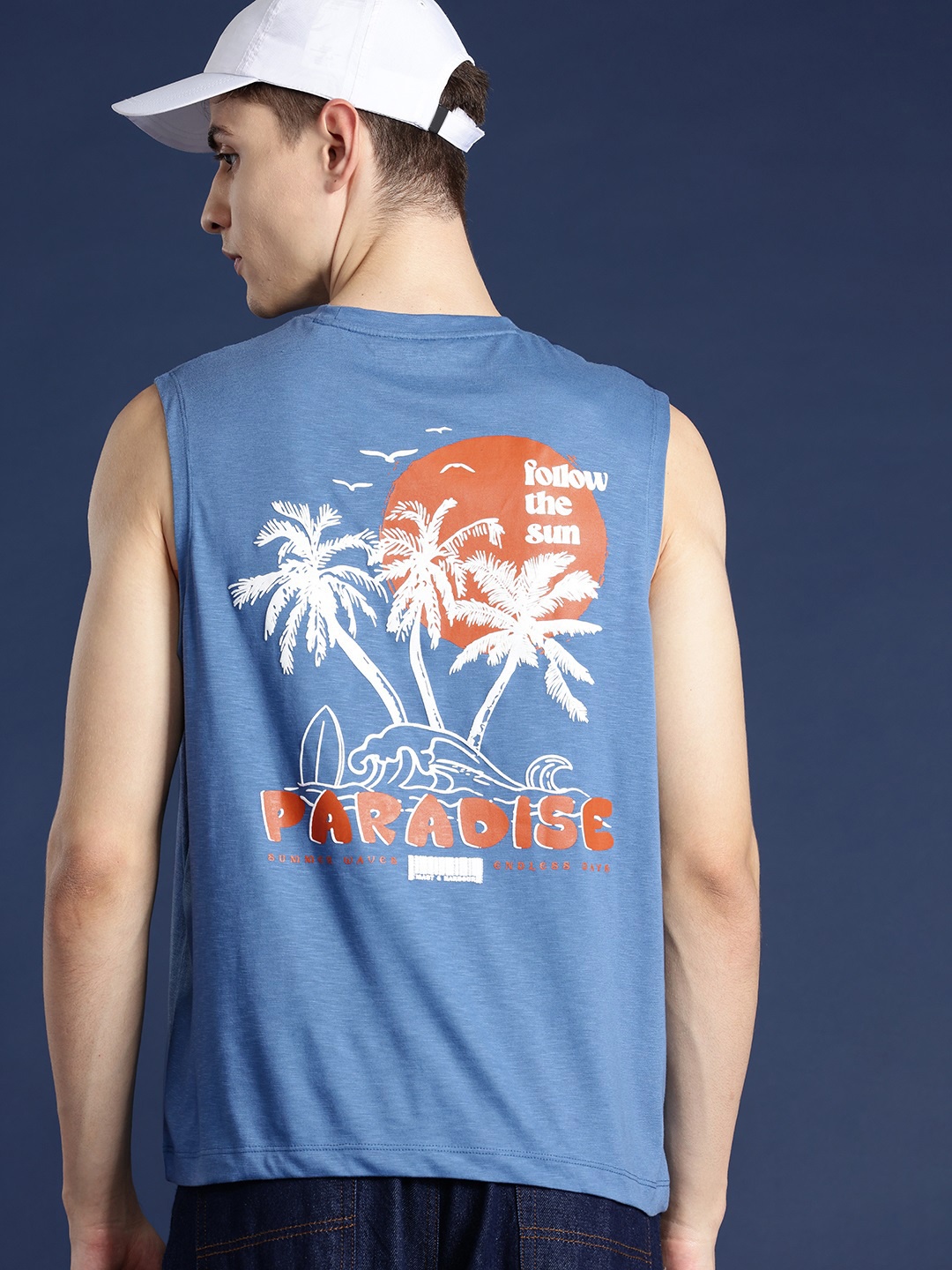 

Mast & Harbour Typography Print Sleeveless Tropical T-shirt, Blue