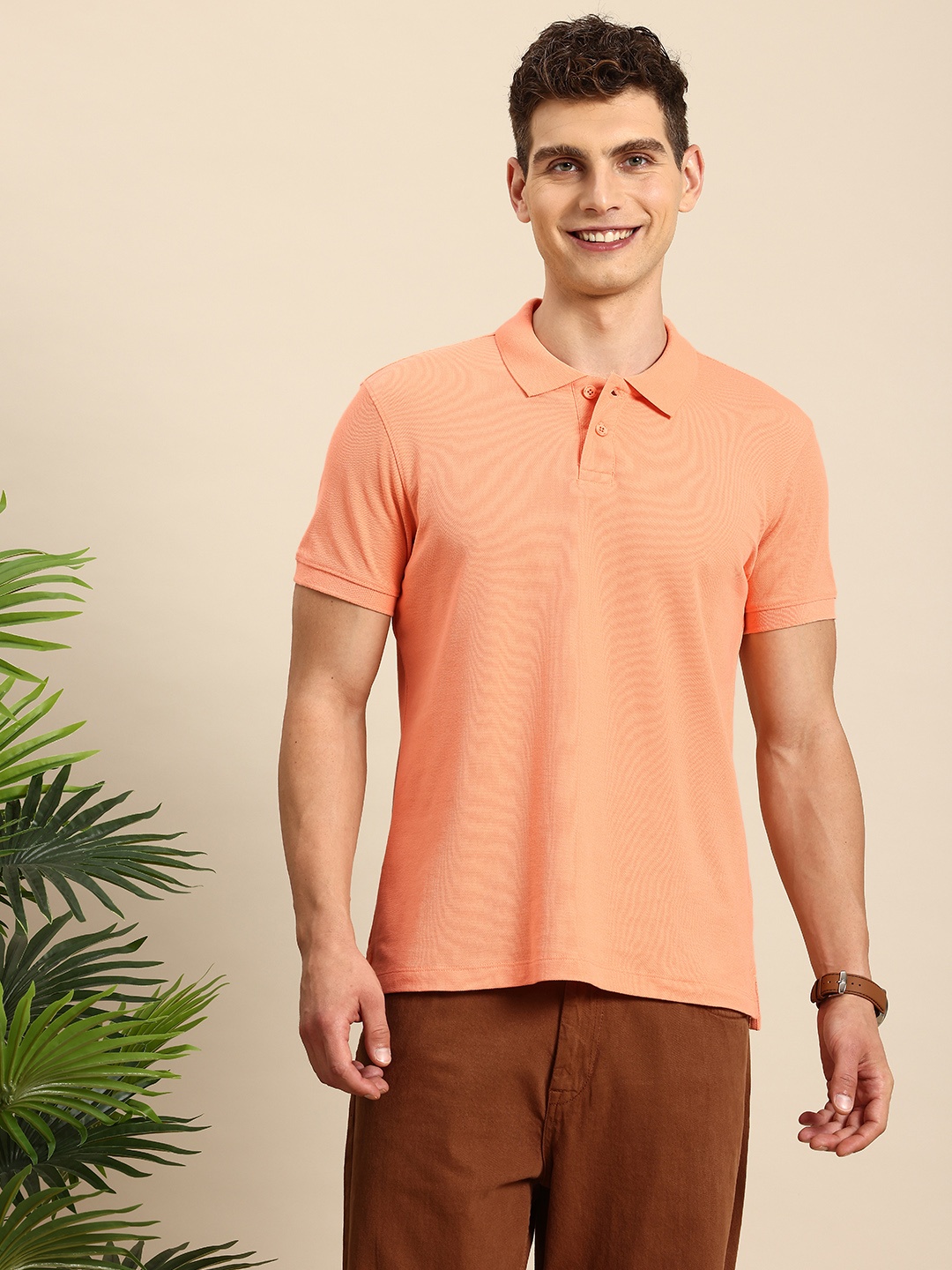 

Mast & Harbour Solid Polo Collar Casual T-shirt, Peach