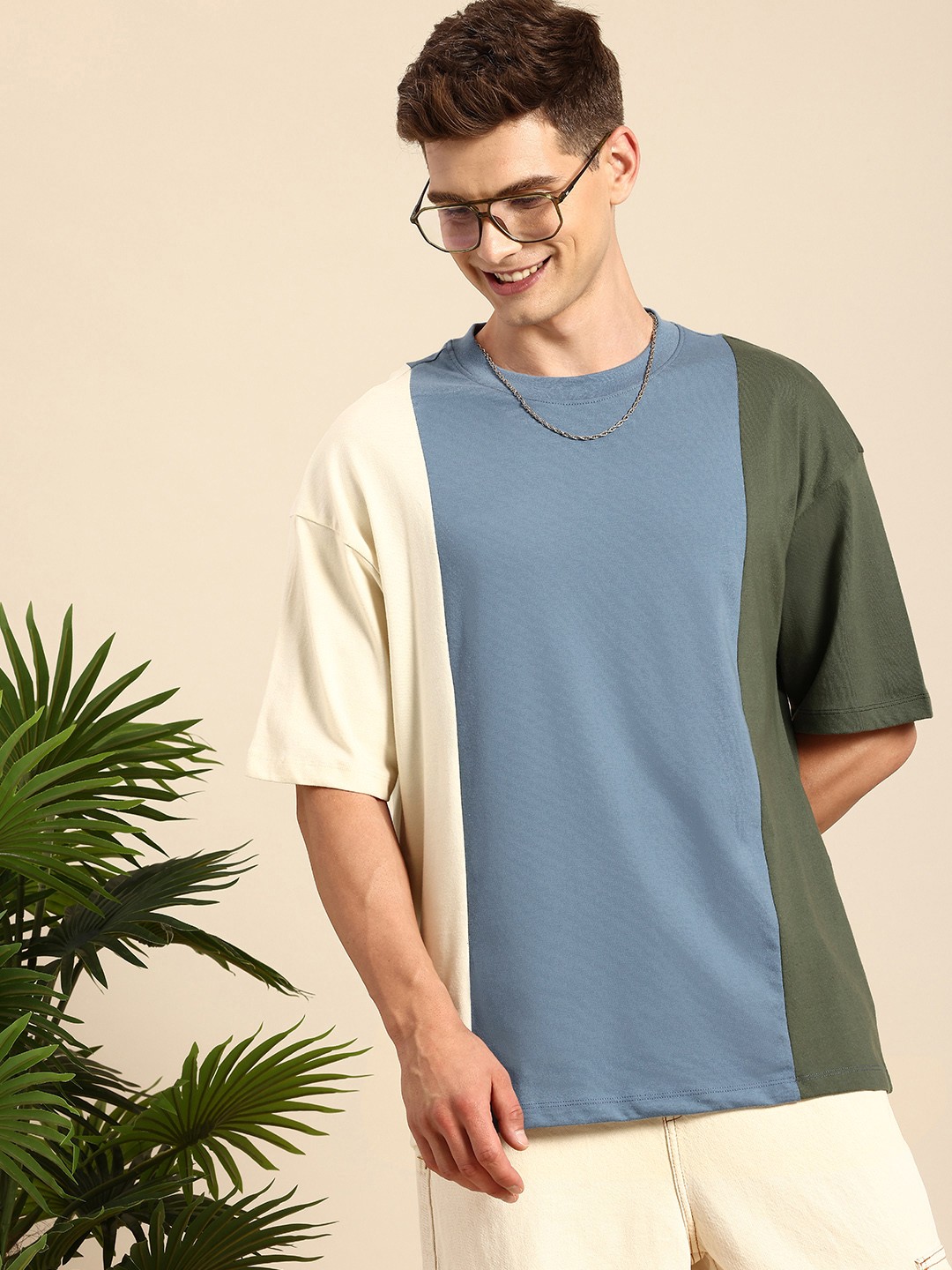 

Mast & Harbour Colourblocked Drop-Shoulder Sleeves T-shirt, Blue