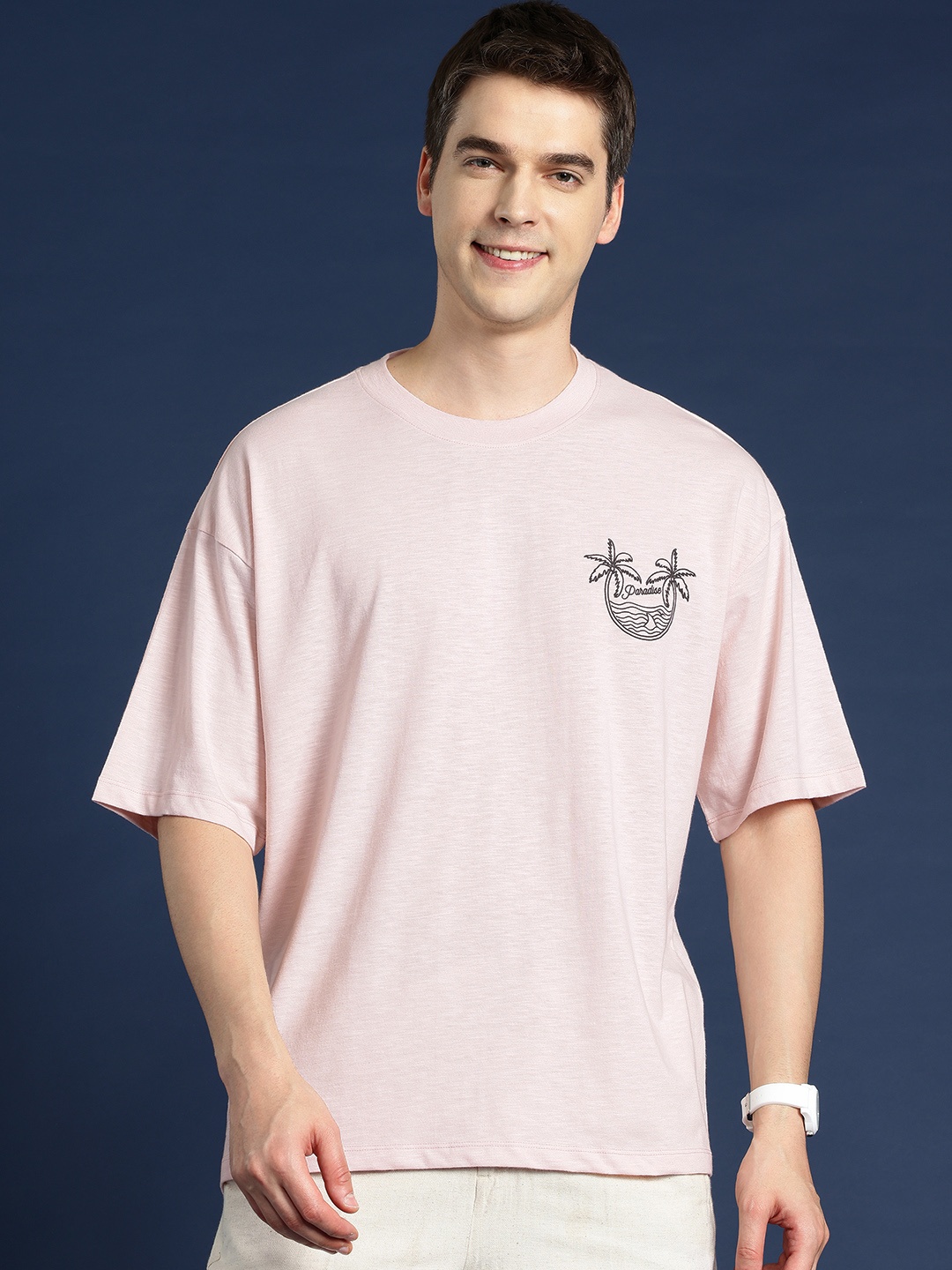 

Mast & Harbour Printed Drop-Shoulder Sleeves Relaxed T-shirt, Pink