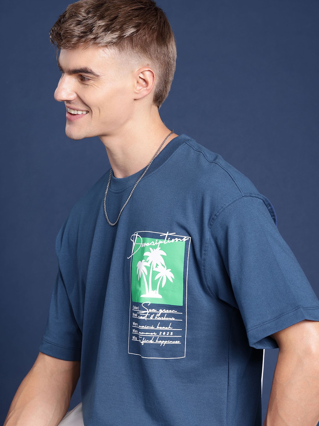 

Mast & Harbour Graphic Printed Drop-Shoulder Sleeves T-shirt, Blue