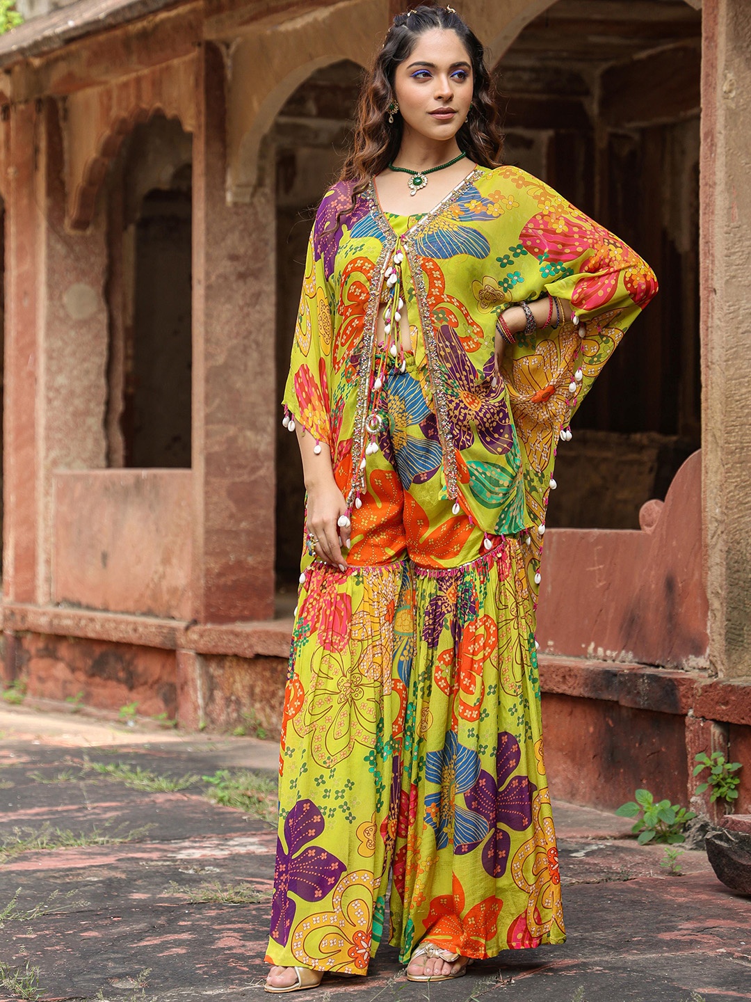 

SCAKHI Floral Printed Crop Top & Sharara With Cape Ethnic Co-Ords, Lime green