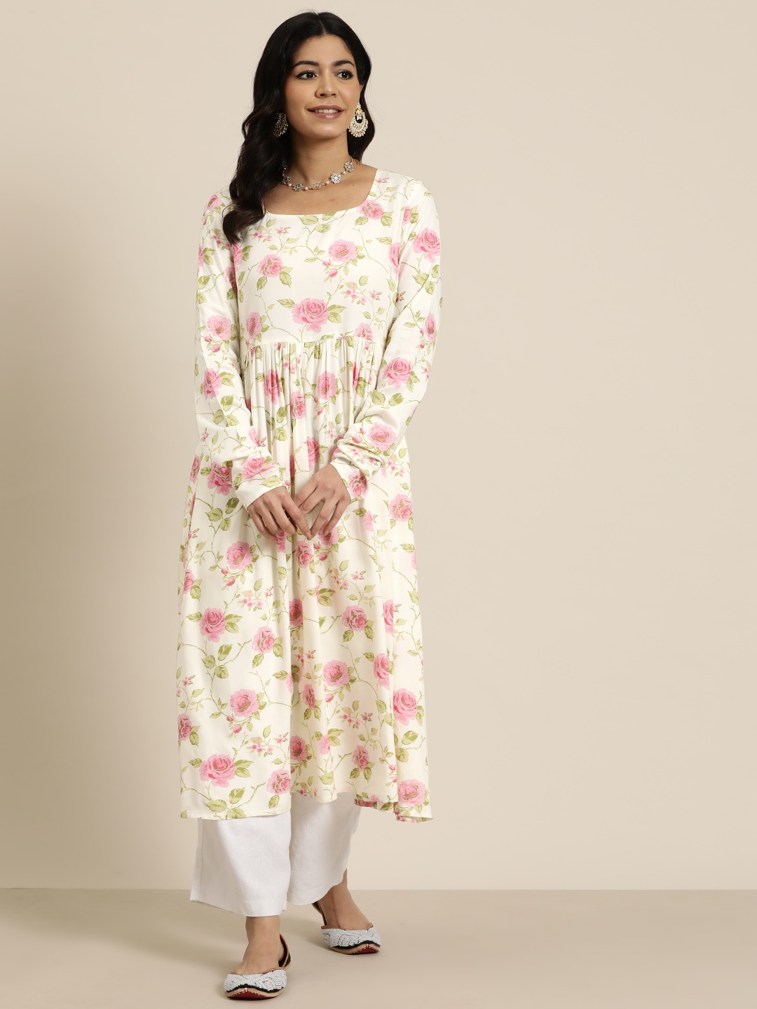 

HERE&NOW Women Floral Printed Anarkali Kurta, White