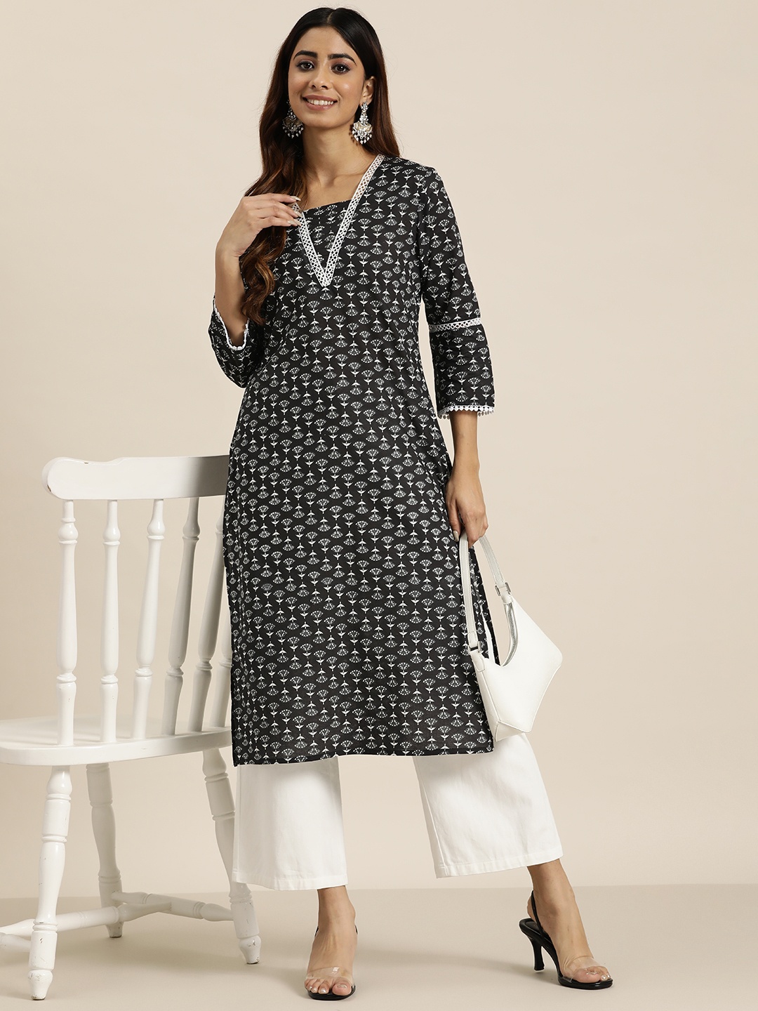 

HERE&NOW Ethnic Motifs Printed Pleated Detail Lace Inserts Pure Cotton Kurta, Black