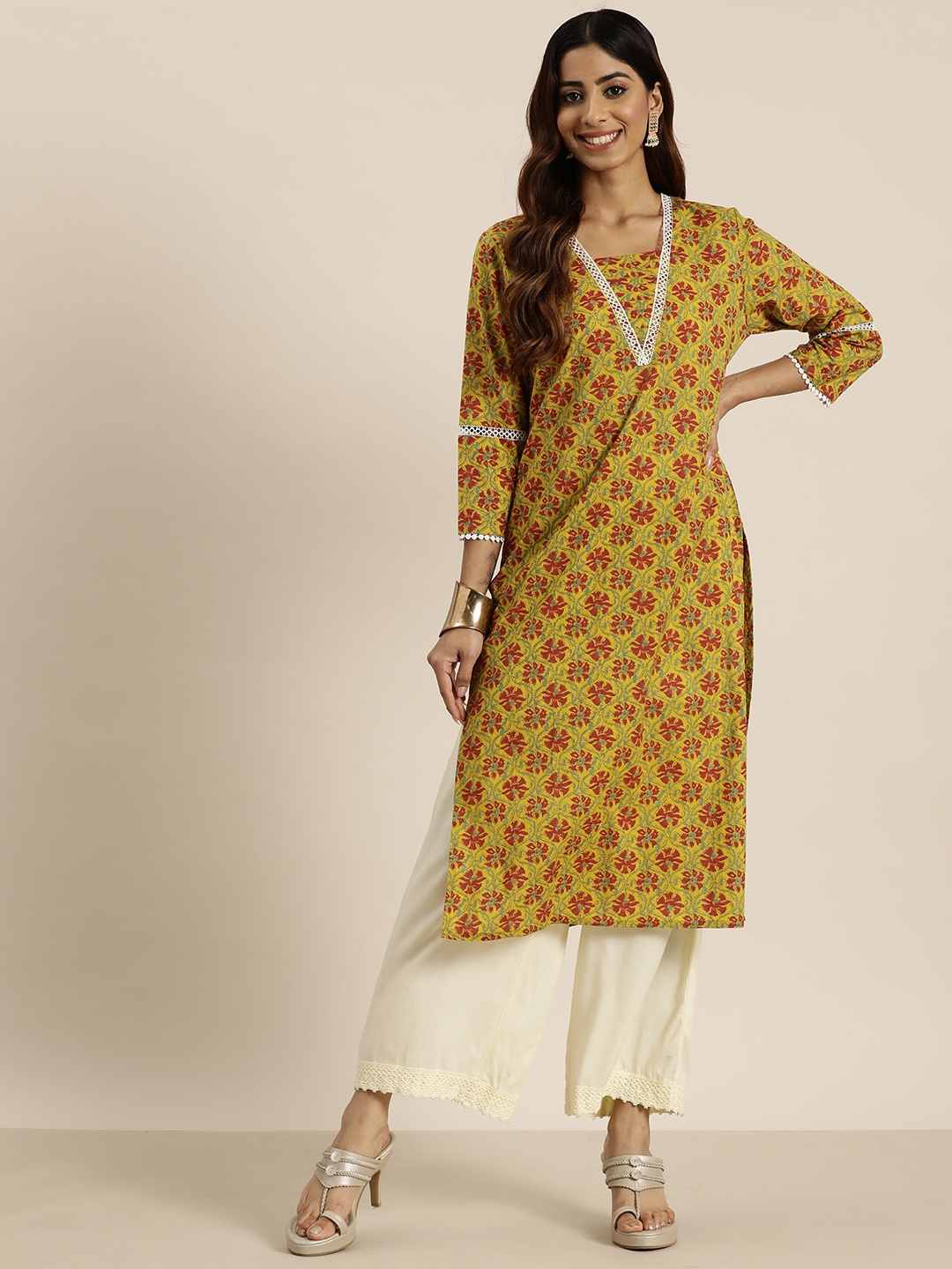 

HERE&NOW Floral Printed Gotta Patti Detail Straight Kurta, Mustard