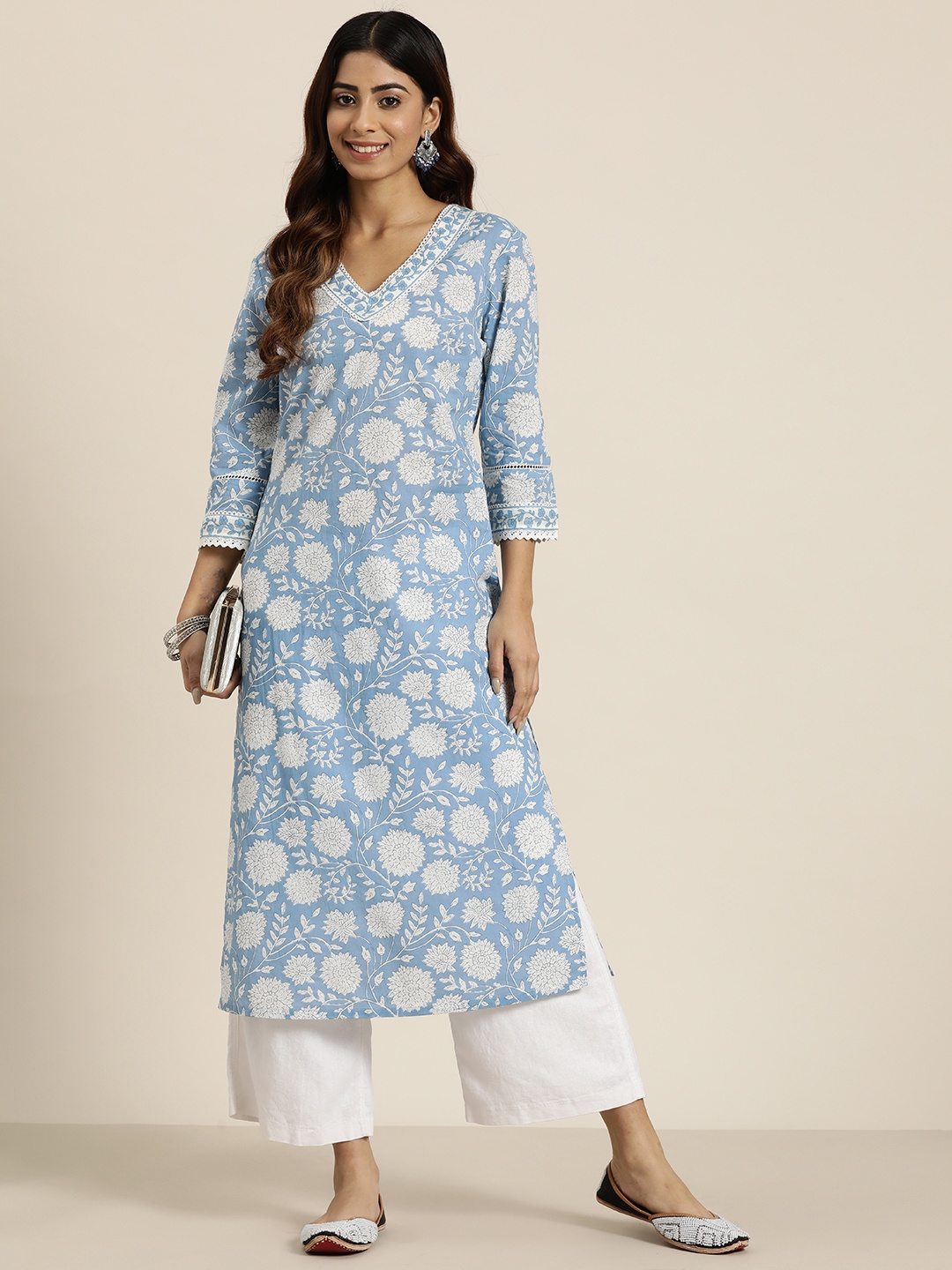 

HERE&NOW Cotton Floral Print Crochet Detail Kurta, Blue