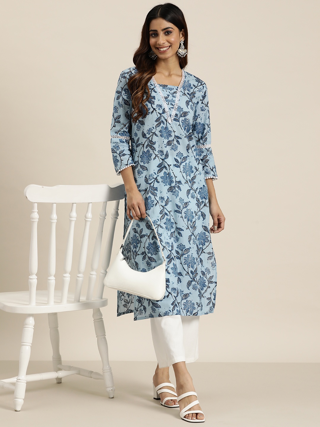 

HERE&NOW Ethnic Motifs Printed Pleated Detail Lace Inserts Pure Cotton Kurta, Blue