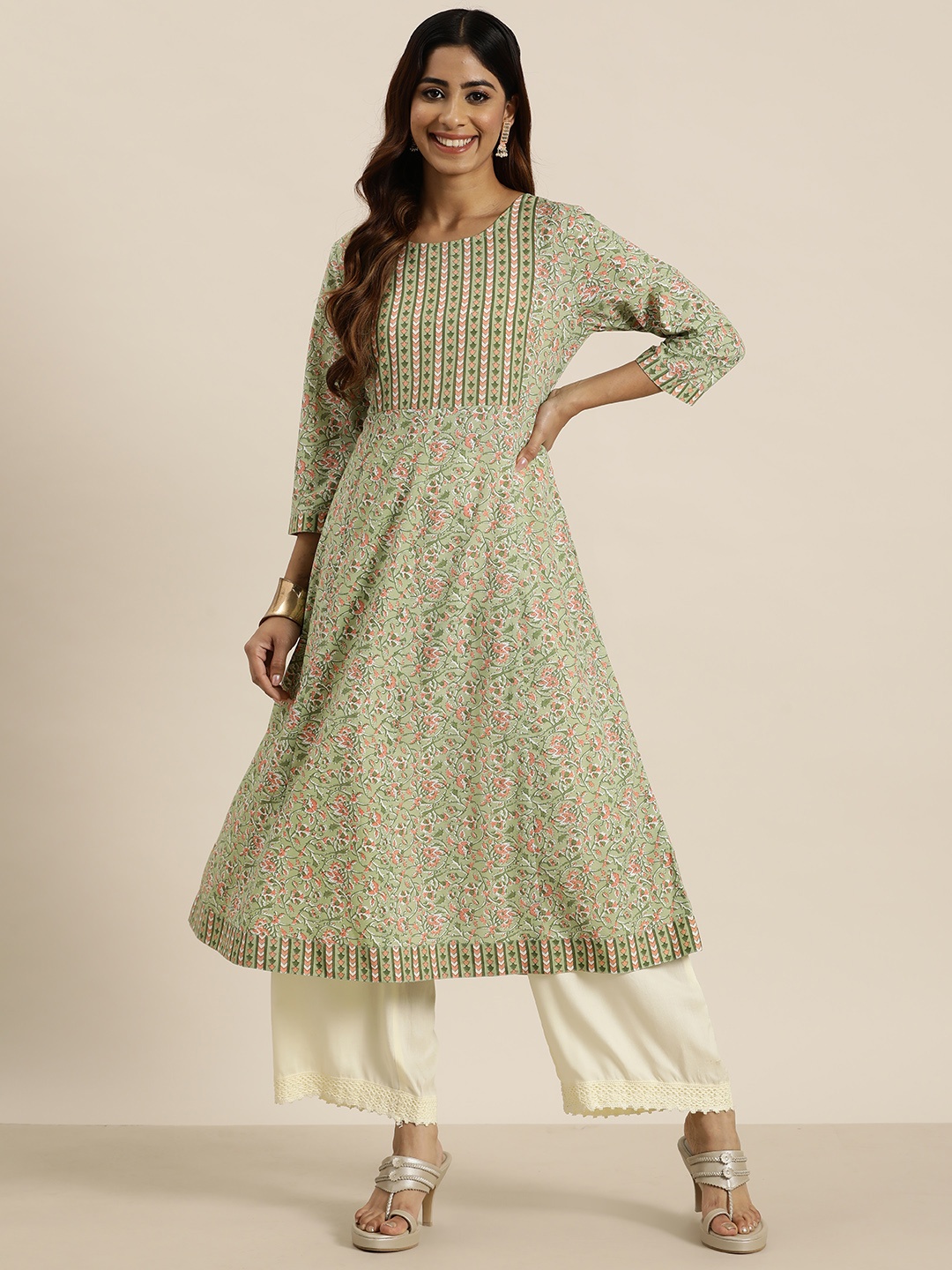 

HERE&NOW Floral Printed A-Line Kurta, Green