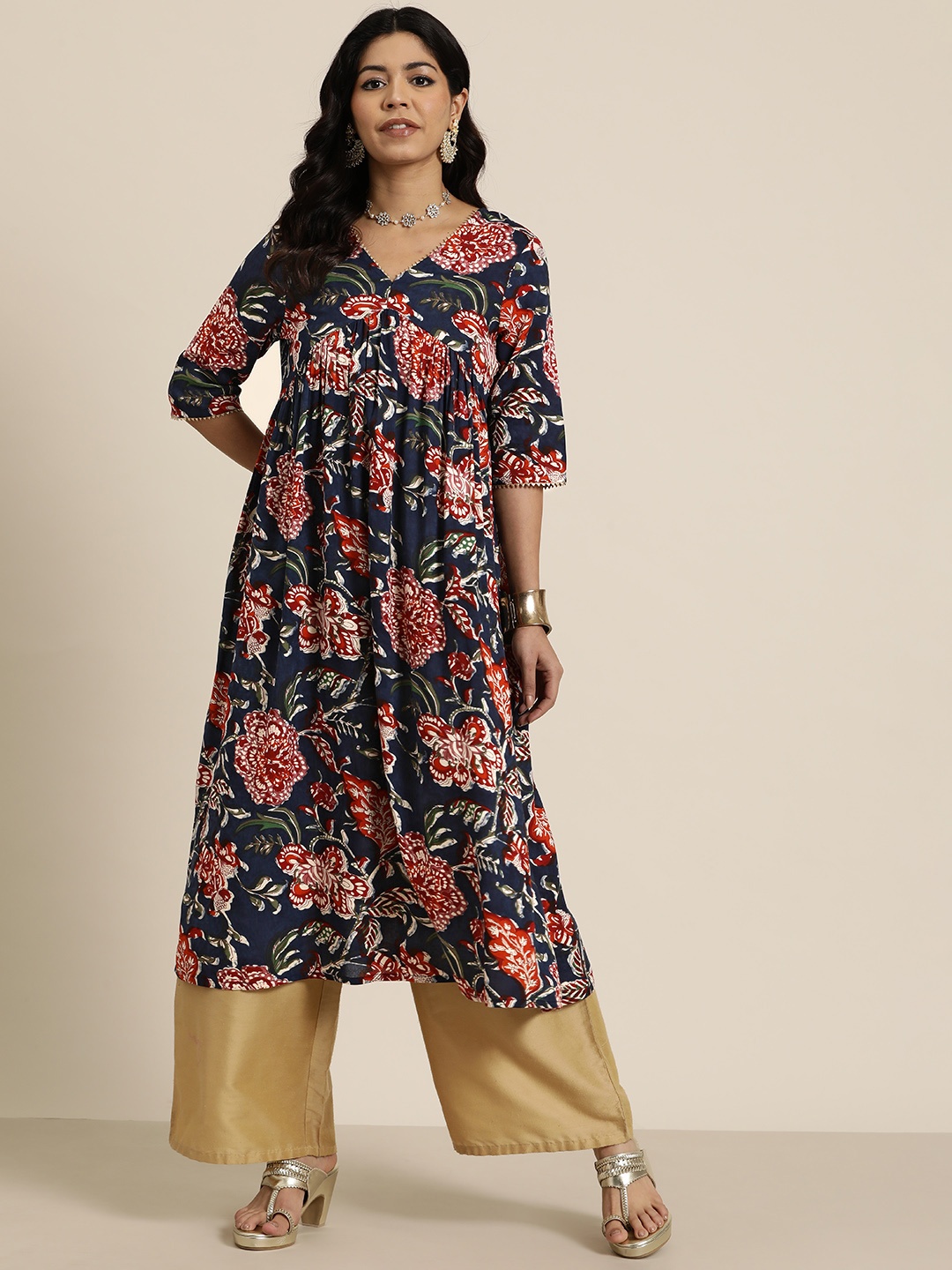 

HERE&NOW Floral Printed Gotta Patti Empire Kurta, Navy blue