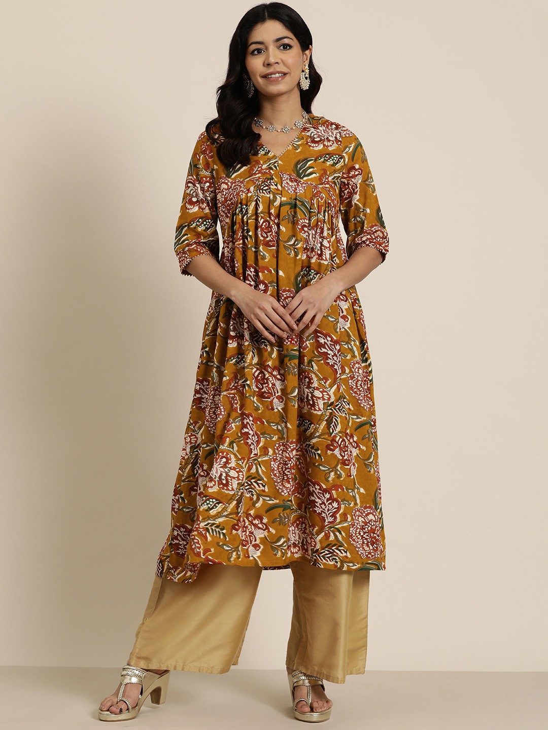 

HERE&NOW Floral Printed Gotta Patti Empire Kurta, Mustard