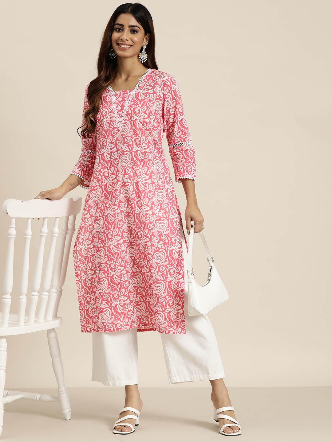 

HERE&NOW Ethnic Motifs Printed Pleated Detail Lace Inserts Pure Cotton Kurta, Pink