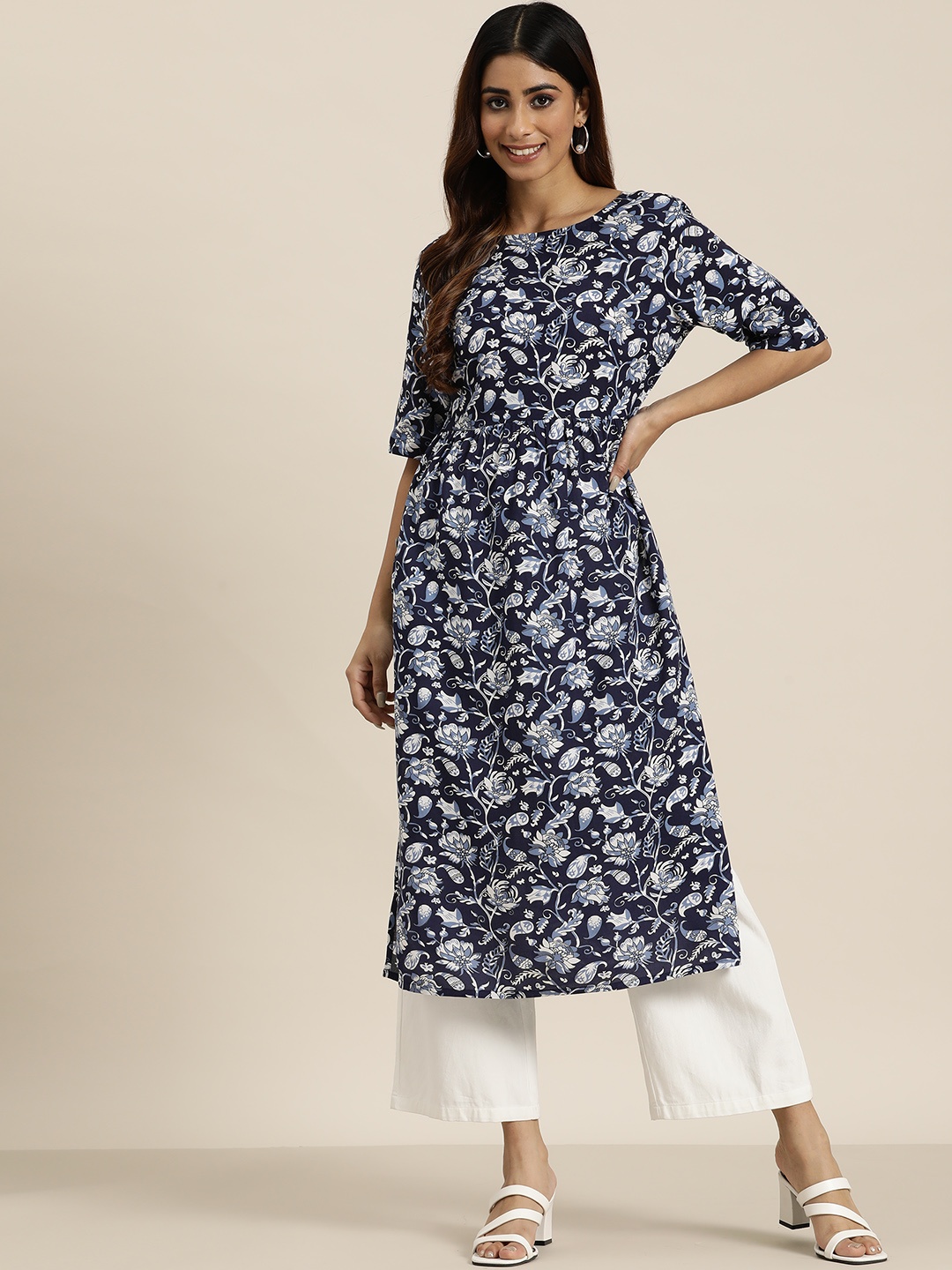 

HERE&NOW Floral Print Straight Kurta, Blue