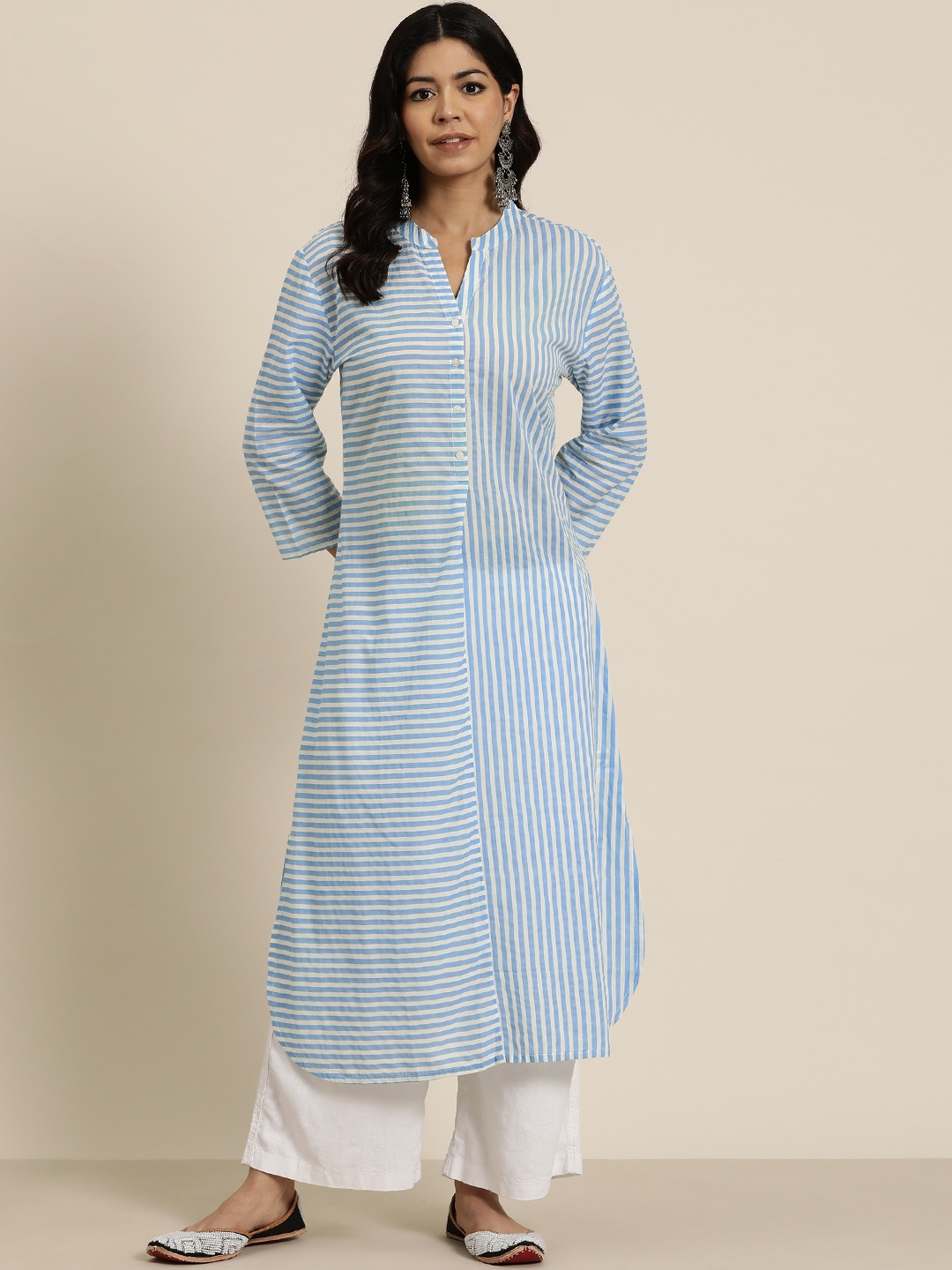 

HERE&NOW Pure Cotton Striped Kurta, Blue