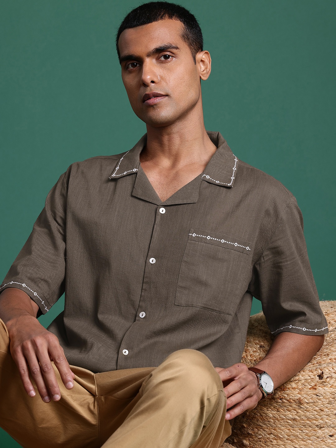 

Sangria Pure Cotton Embroidered Detail Shirt, Brown