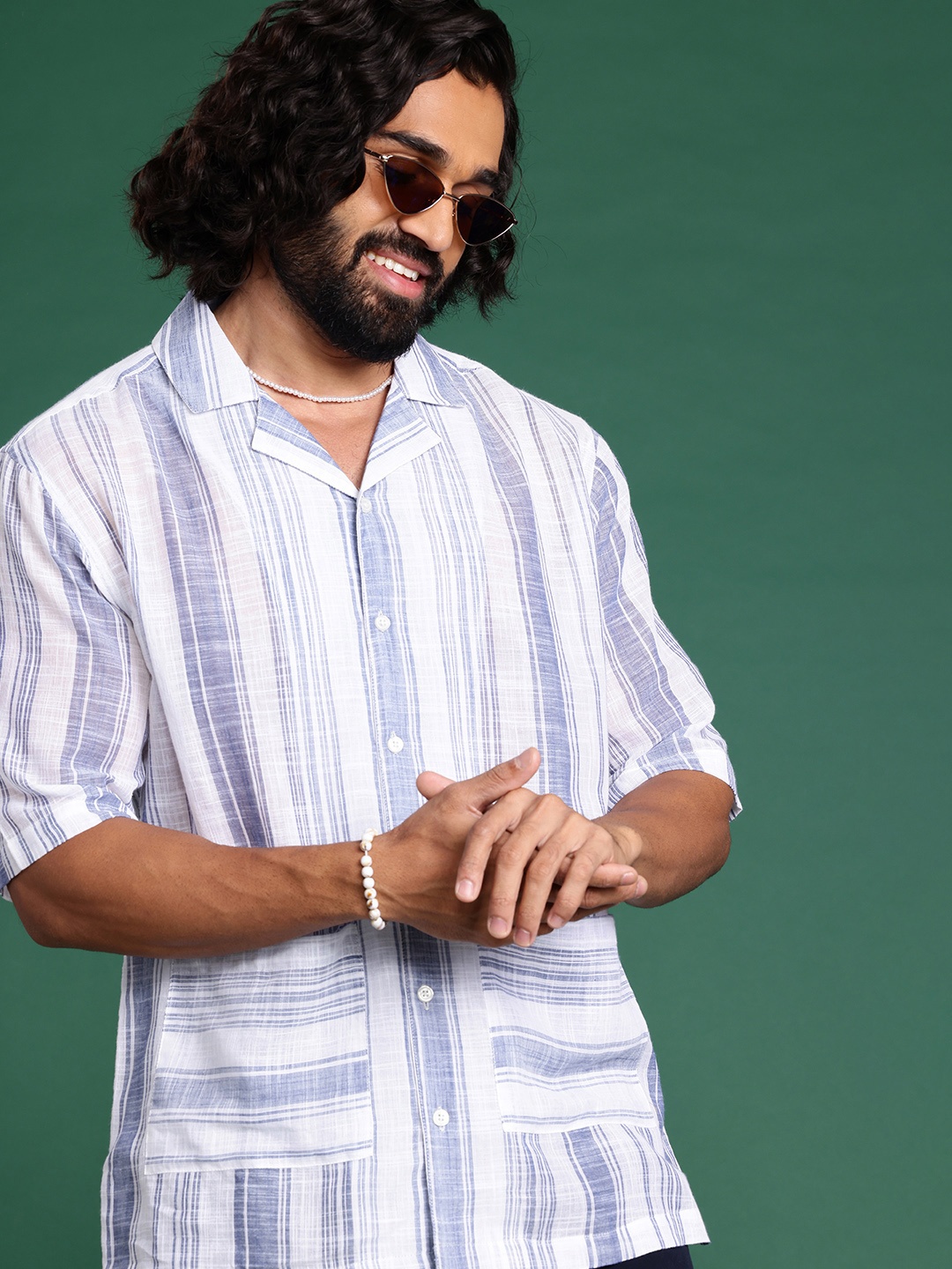 

Sangria Striped Pure Cotton Casual Shirt, Blue