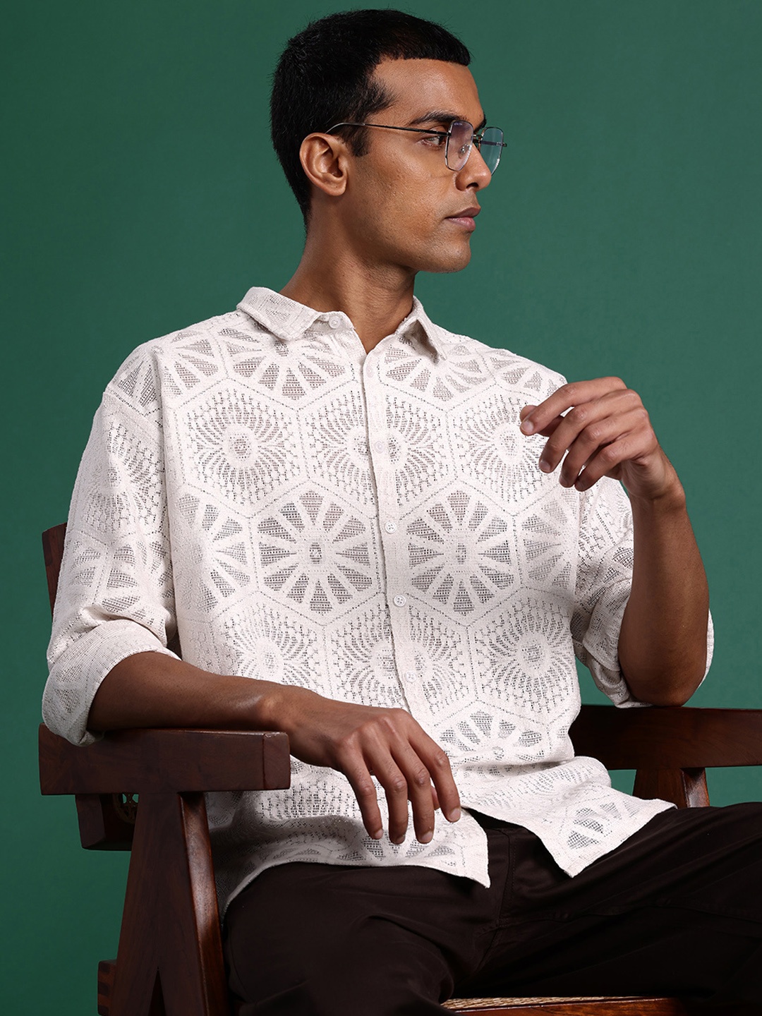 

Sangria Knitted Self-Design Semi Sheer Shirt, Off white