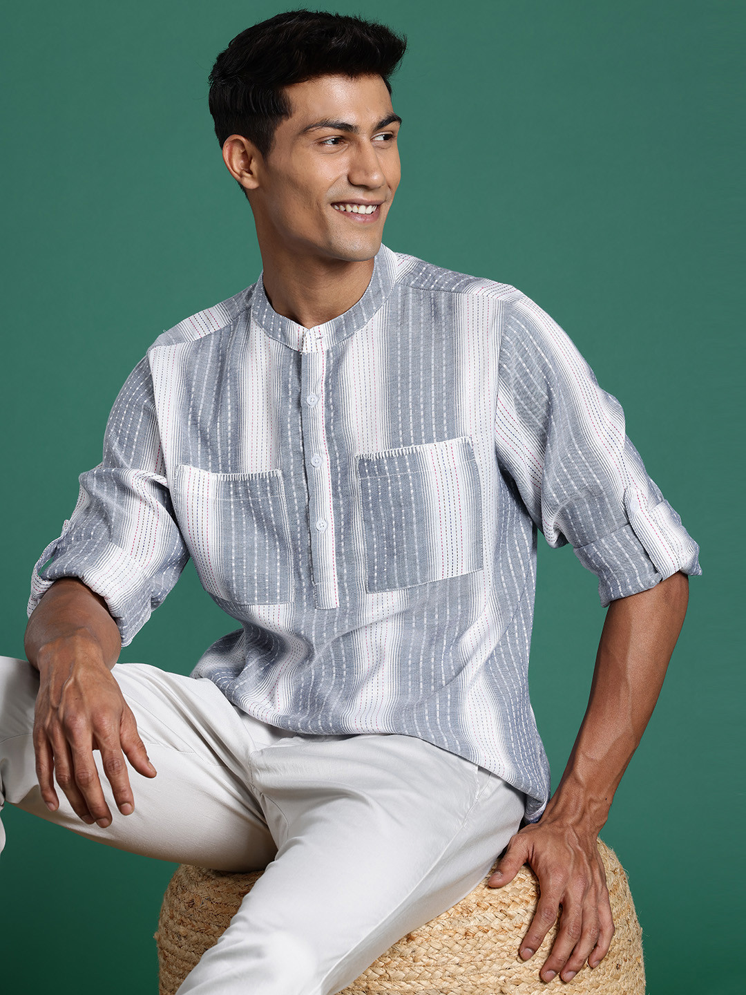 

Sangria Striped Half-Placket Shirt, Off white