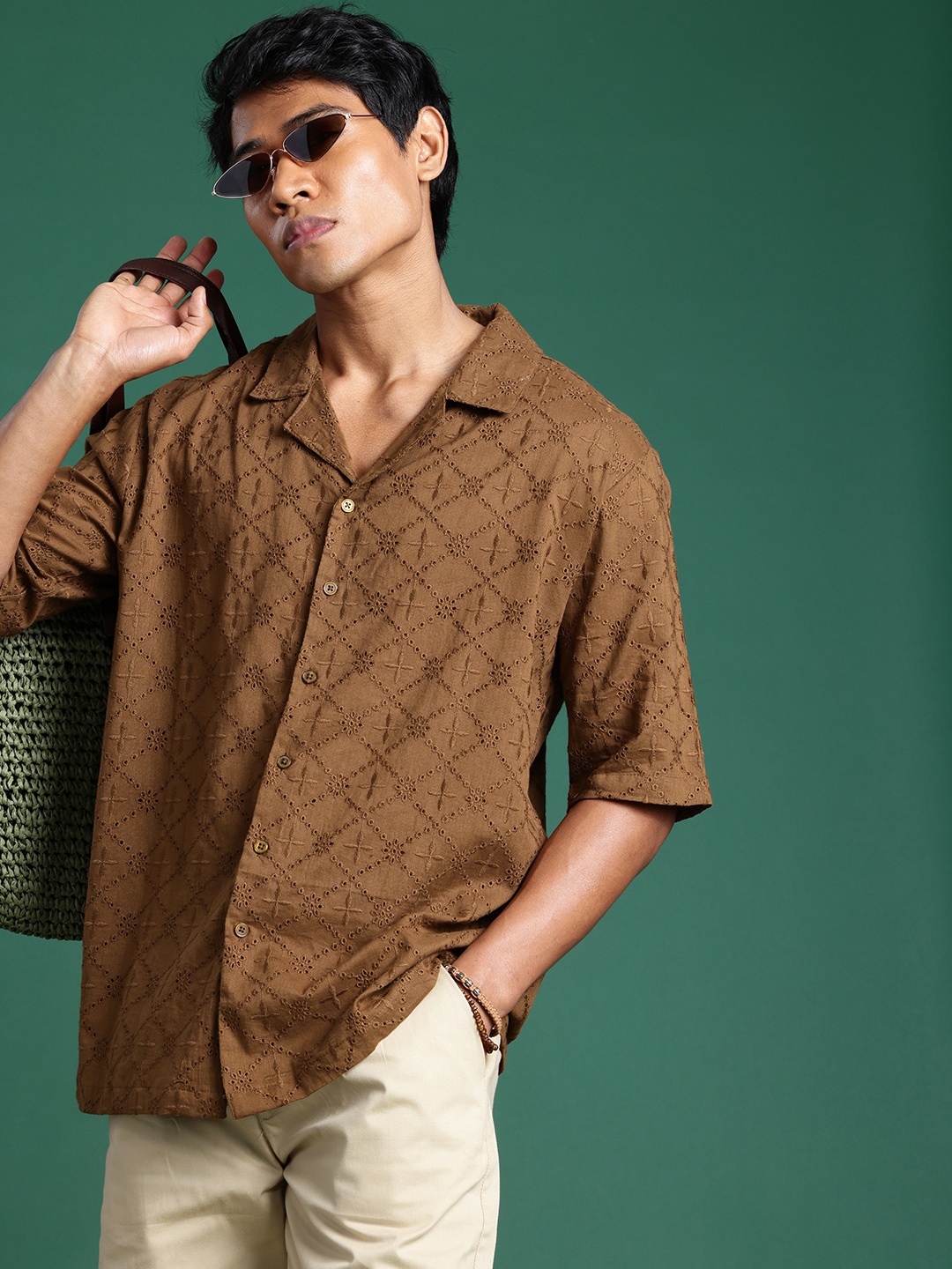 

Sangria Pure Cotton Schiffli Casual Shirt, Brown