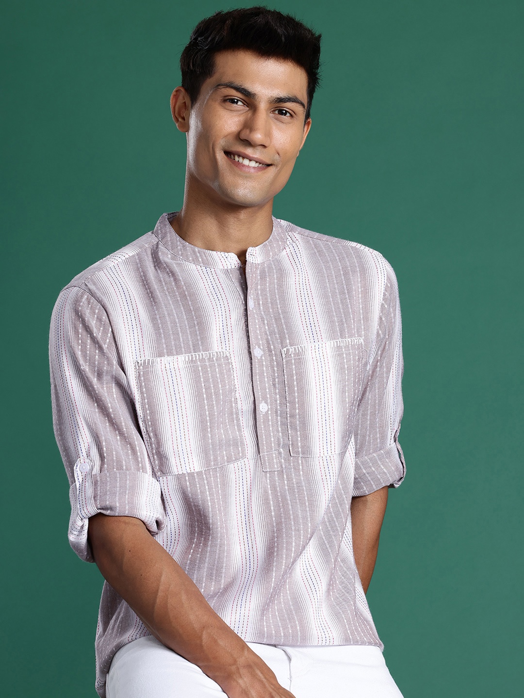 

Sangria Striped Half-Placket Shirt, Off white