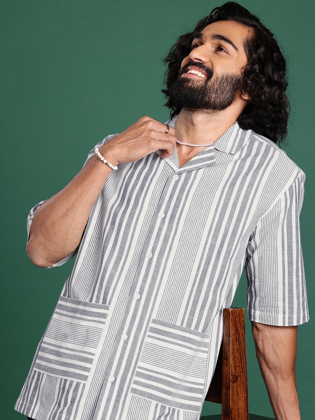 

Sangria Striped Pure Cotton Casual Shirt, Grey
