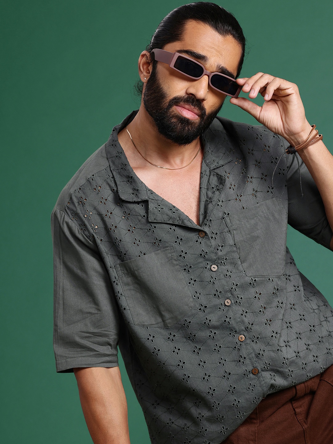 

Sangria Pure Cotton Schiffli Casual Shirt, Olive