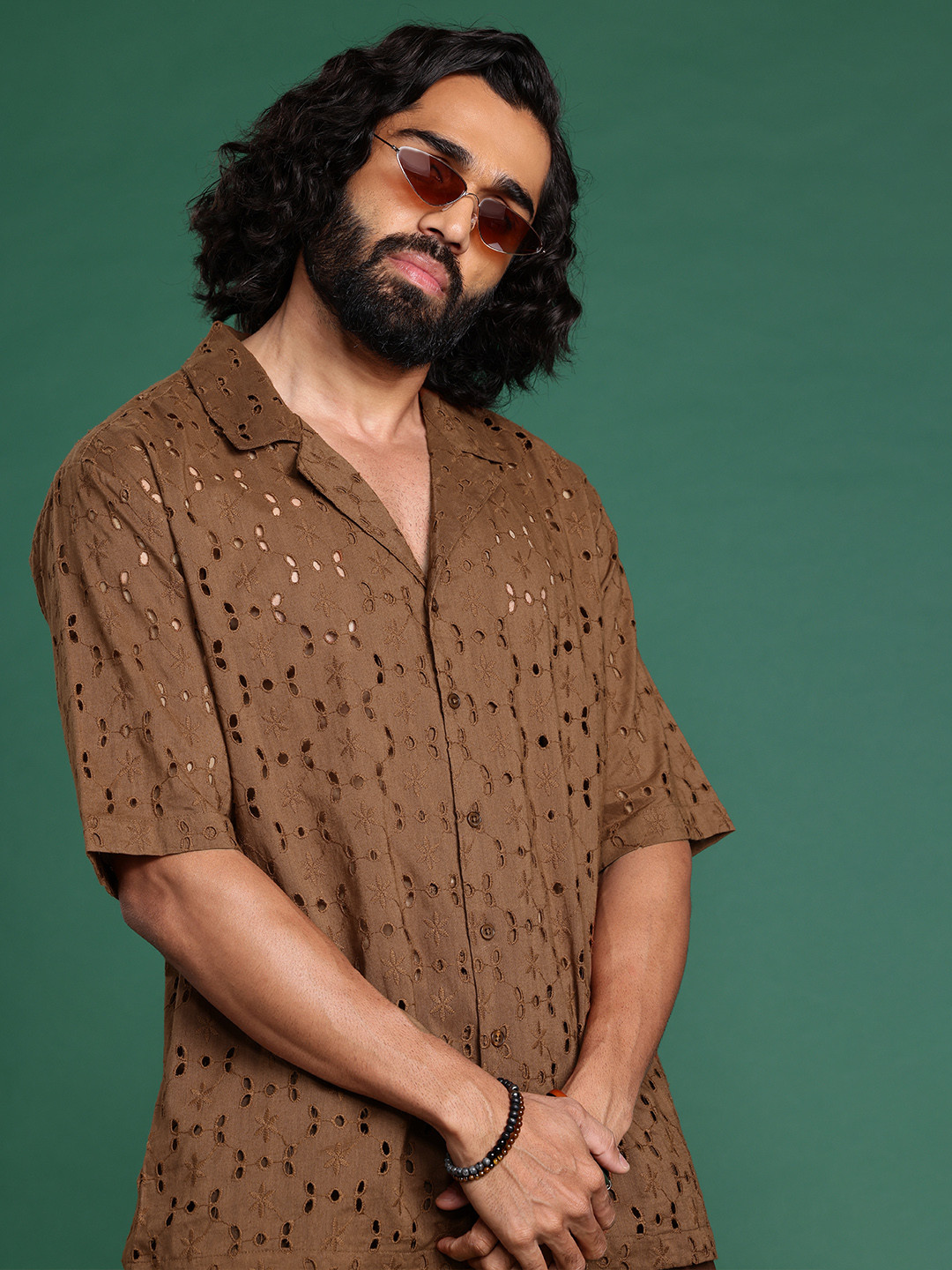 

Sangria Pure Cotton Self Design Schiffli Casual Shirt, Brown