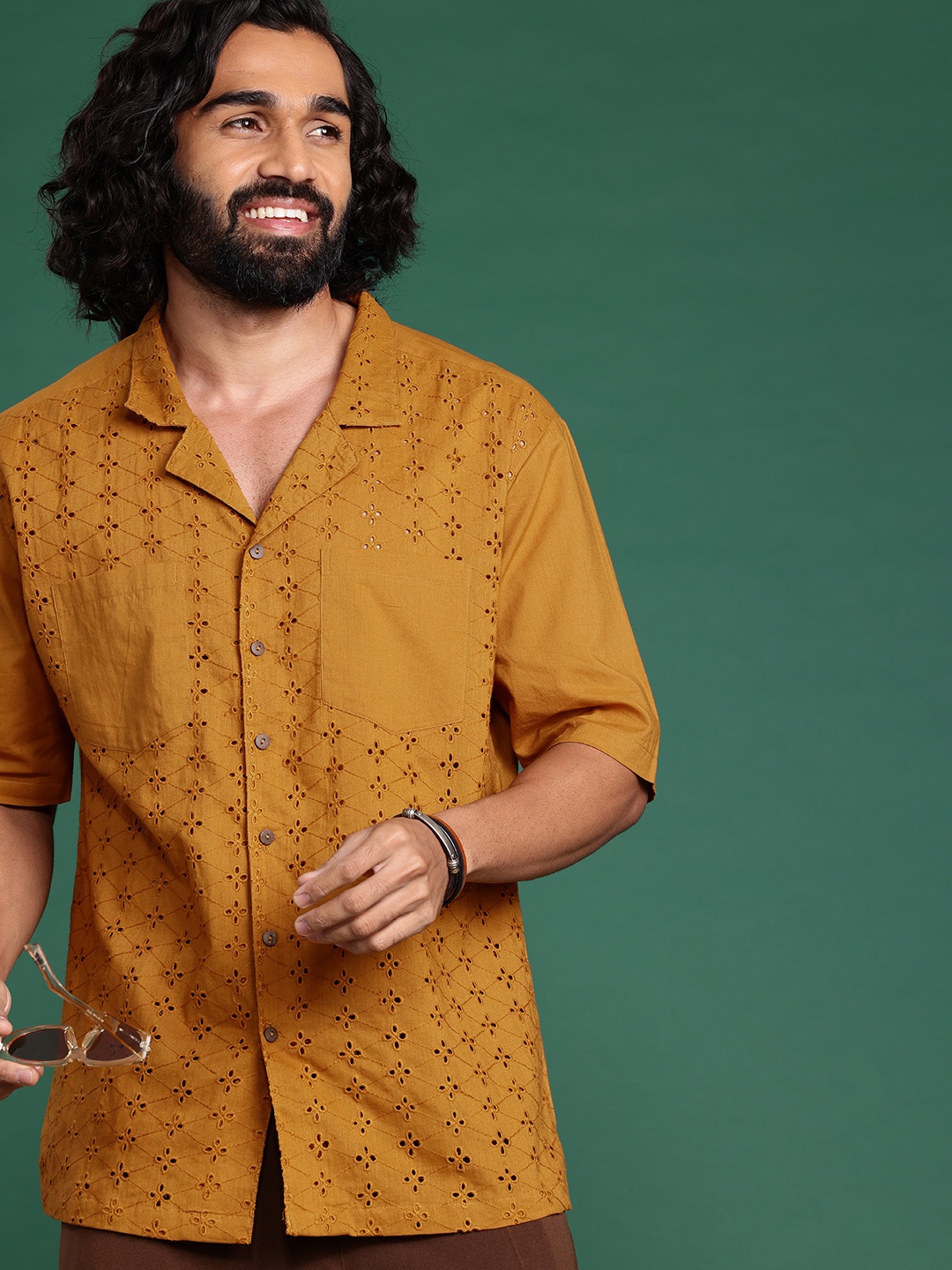 

Sangria Pure Cotton Self Design Schiffli Casual Shirt, Mustard