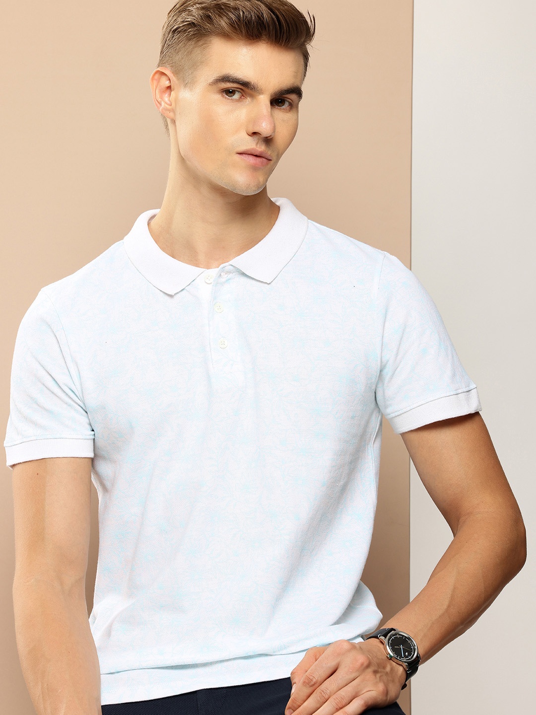 

INVICTUS Pure Cotton Floral Printed Polo Collar T-shirt, White