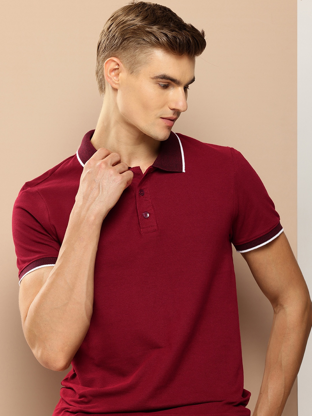 

INVICTUS Pure Cotton Polo Collar Casual T-shirt, Maroon