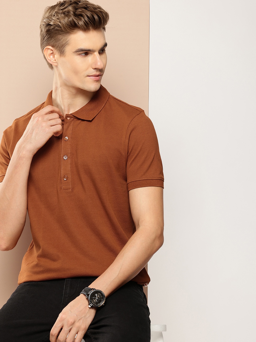 

INVICTUS Polo Collar Pure Cotton T-shirt, Brown