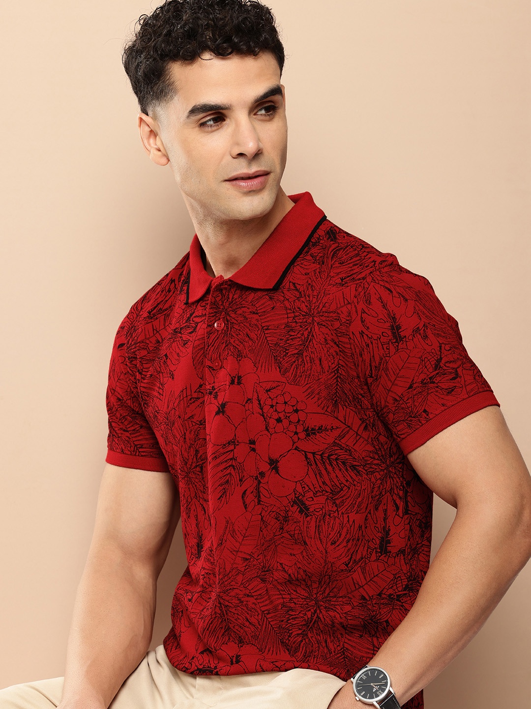 

INVICTUS Floral Printed Polo Collar Pure Cotton T-shirt, Red