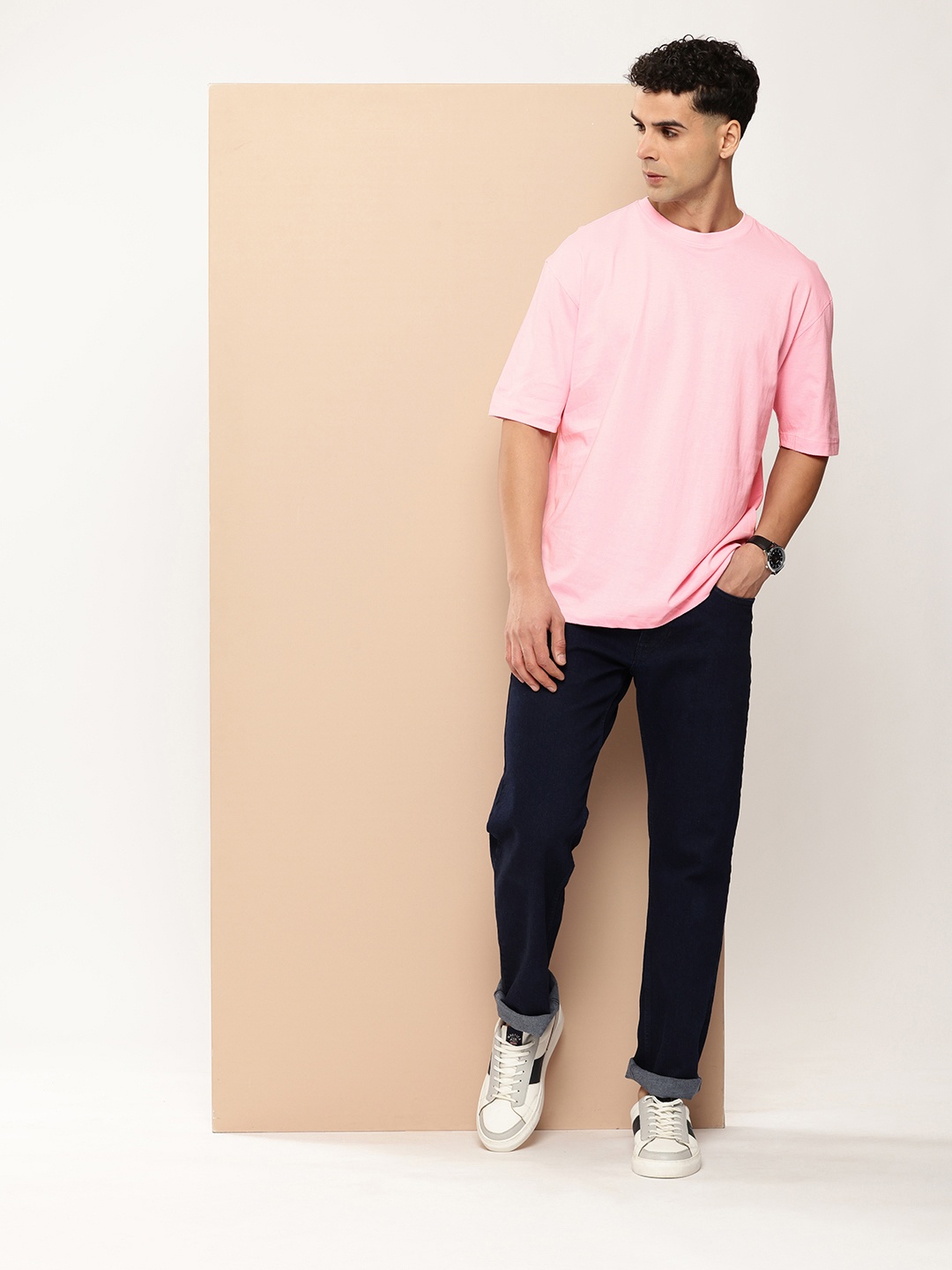

INVICTUS Drop-Shoulder Sleeves Relaxed Fit Pure Cotton T-shirt, Pink