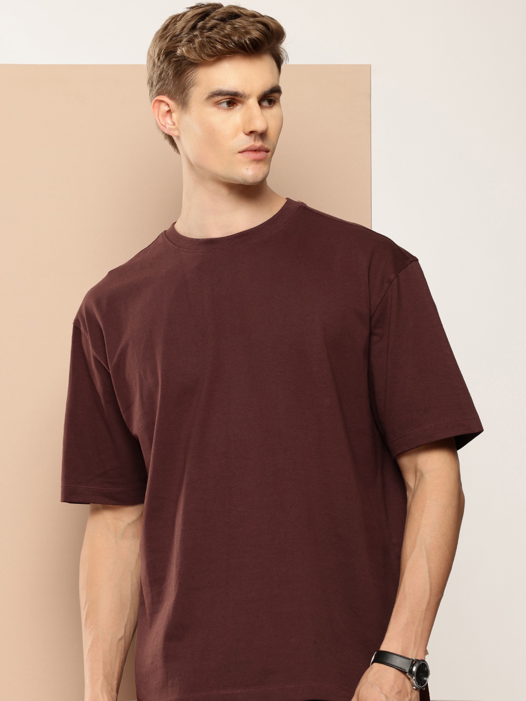 

INVICTUS Drop-Shoulder Sleeves Relaxed Pure Cotton T-shirt, Brown