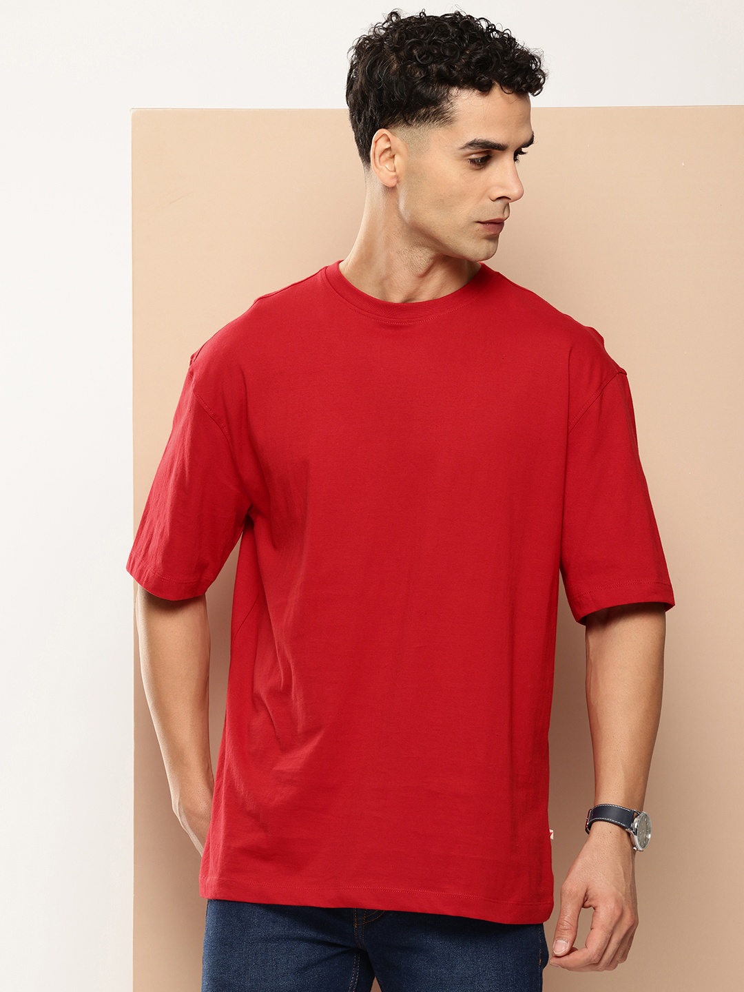 

INVICTUS Drop-Shoulder Sleeves Relaxed Fit Pure Cotton T-shirt, Red