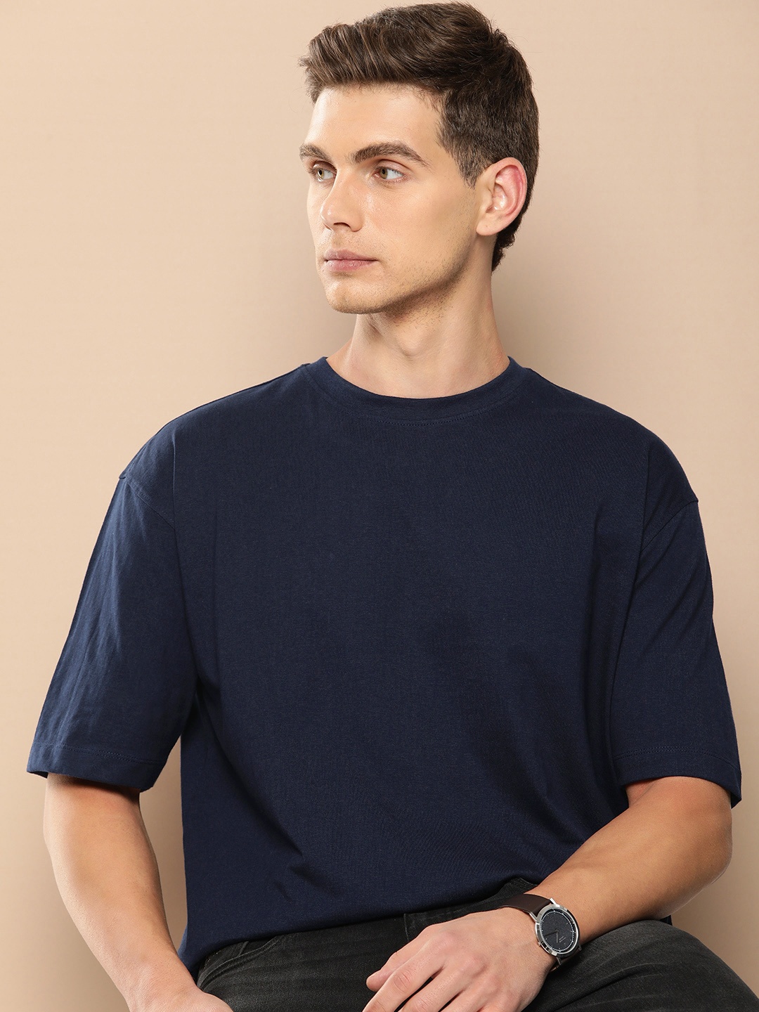 

INVICTUS Drop-Shoulder Sleeves Pure Cotton T-shirt, Navy blue