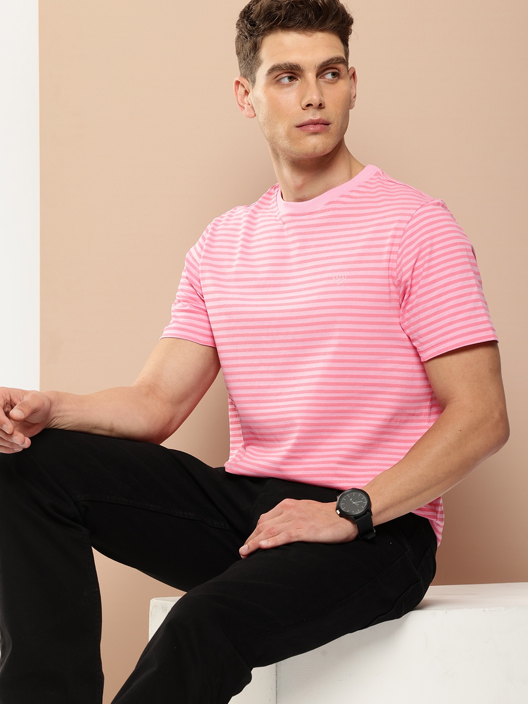 

INVICTUS Striped Pure Cotton T-shirt, Pink