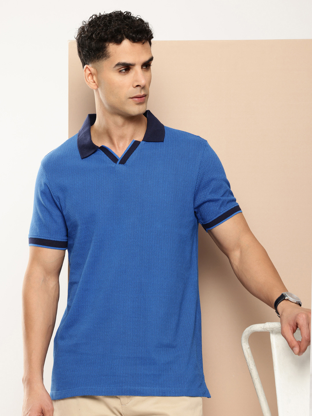

INVICTUS Printed Polo Collar Pure Cotton T-shirt, Blue