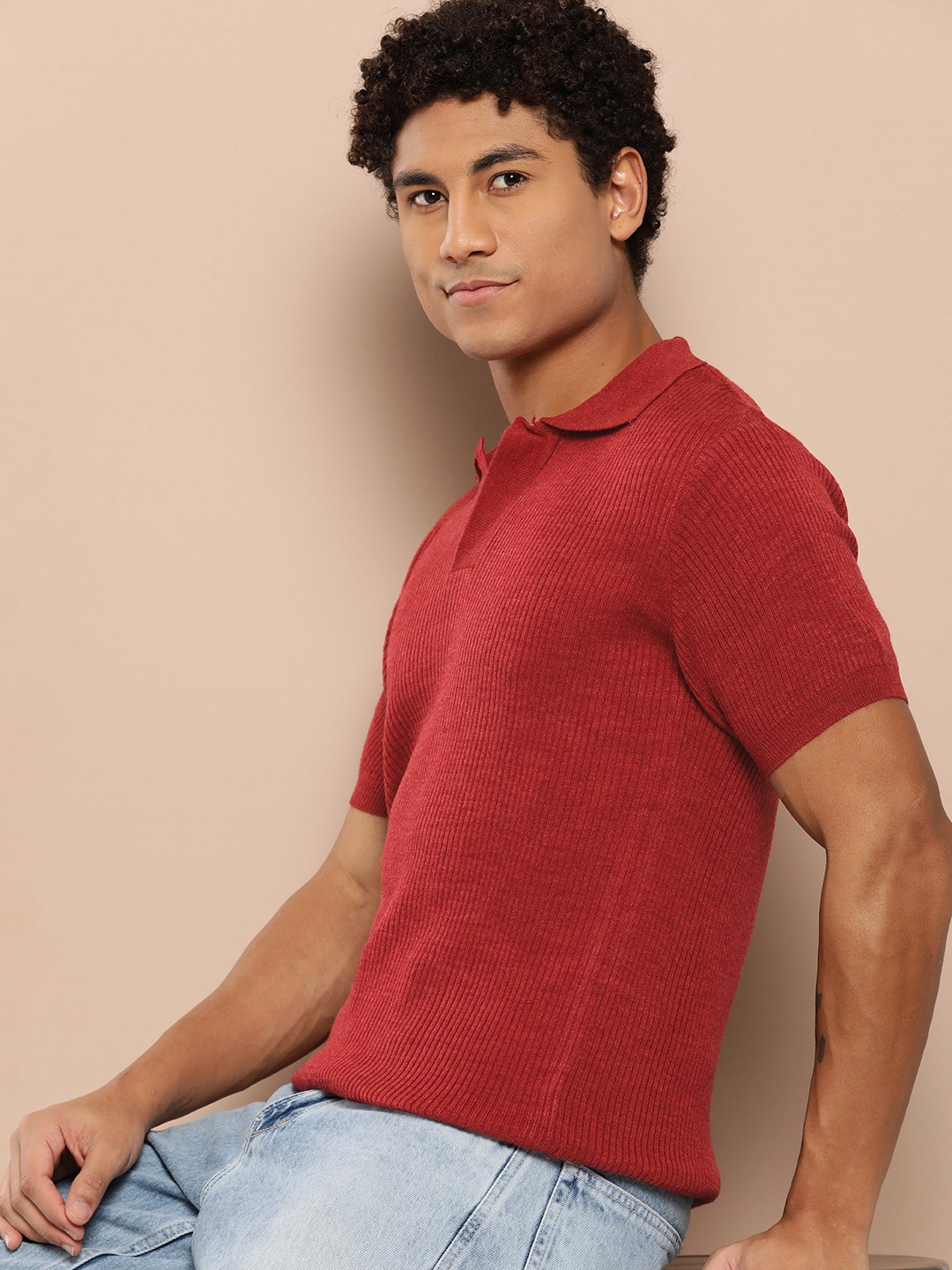 

INVICTUS Acrylic Ribbed Short Sleeves Polo T-shirt, Rust