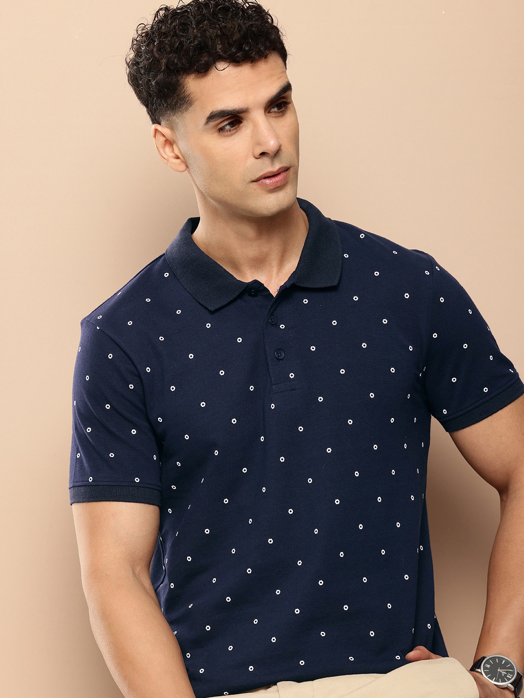 

INVICTUS Printed Polo Collar Pure Cotton T-shirt, Navy blue