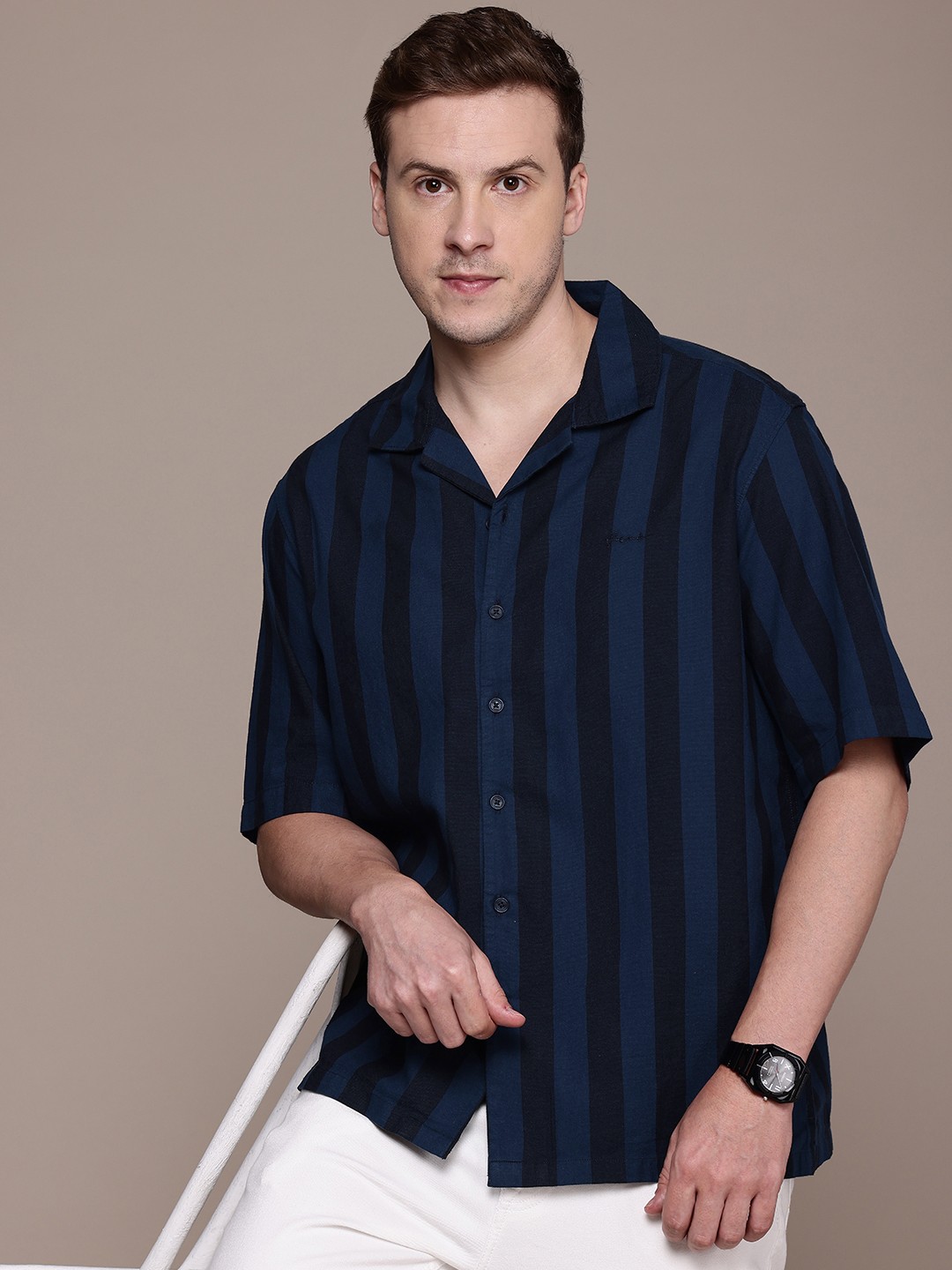 

FCUK Pure Cotton Opaque Striped Casual Shirt, Navy blue