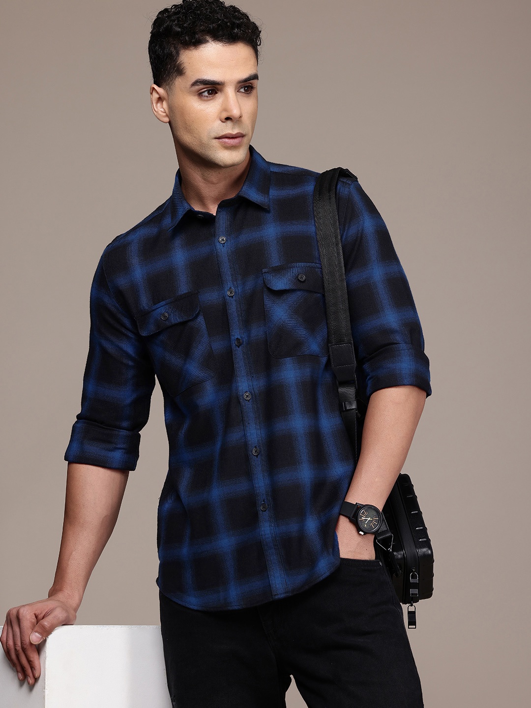 

FCUK Pure Cotton Checked Casual Shirt, Navy blue