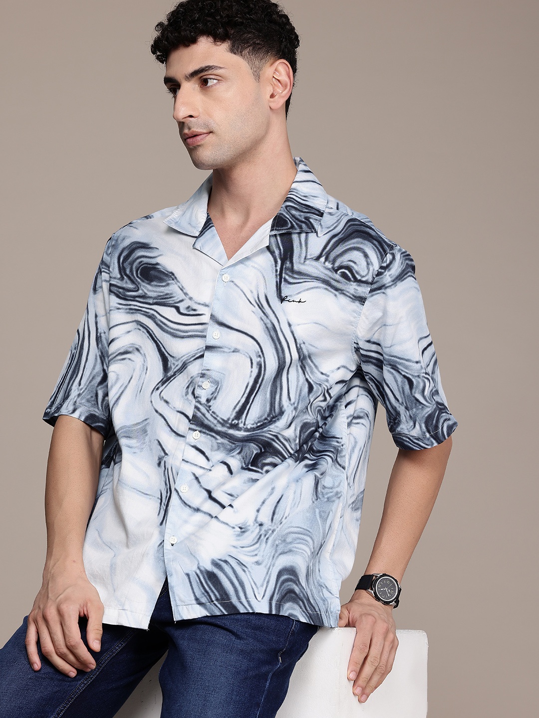 

FCUK Pure Cotton Printed Casual Shirt, Blue