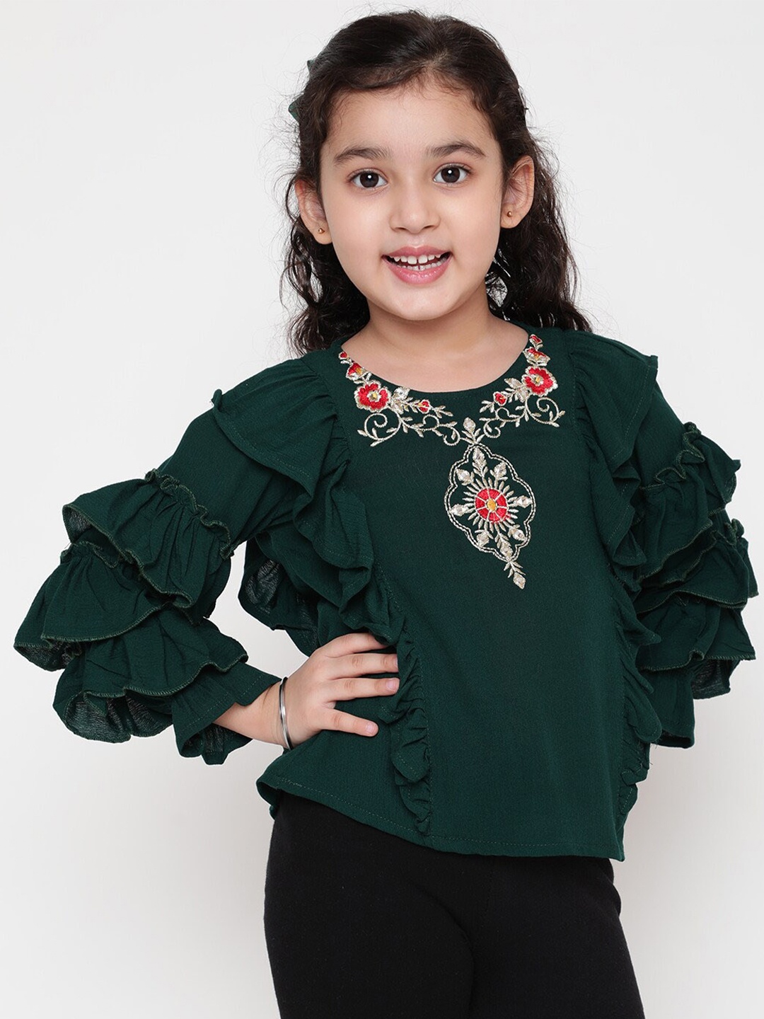 

BAESD Girls Floral Embroidered Bell Sleeves Ruffled Top, Green