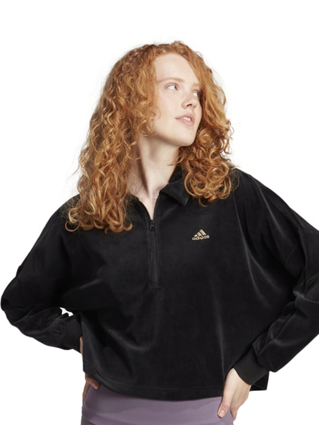 

ADIDAS W BLUV Q4 14 Half Zip Spread Collar Pullover Cotton Crop Sweatshirt, Black